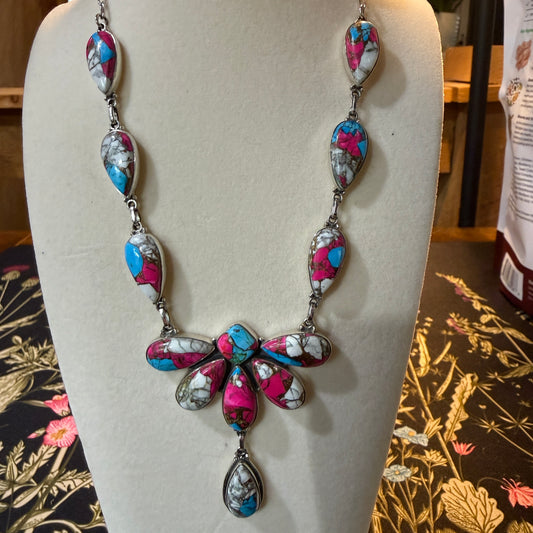Cotton Candy Turquoise Dahlia Butterfly Necklace Sterling Silver 20 Inch Wild West Boho