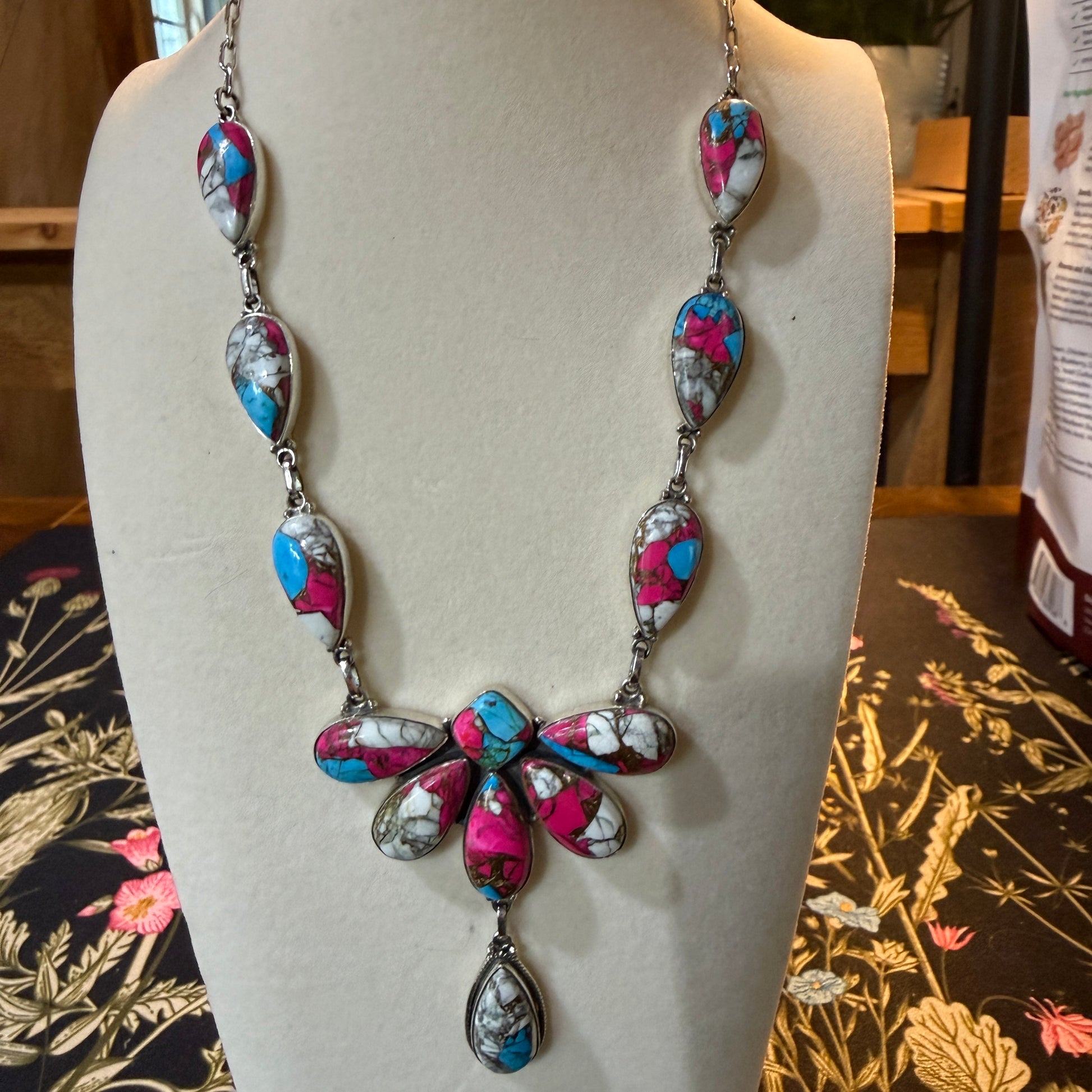Cotton Candy Turquoise Dahlia Butterfly Necklace Sterling Silver 20 Inch Wild West Boho