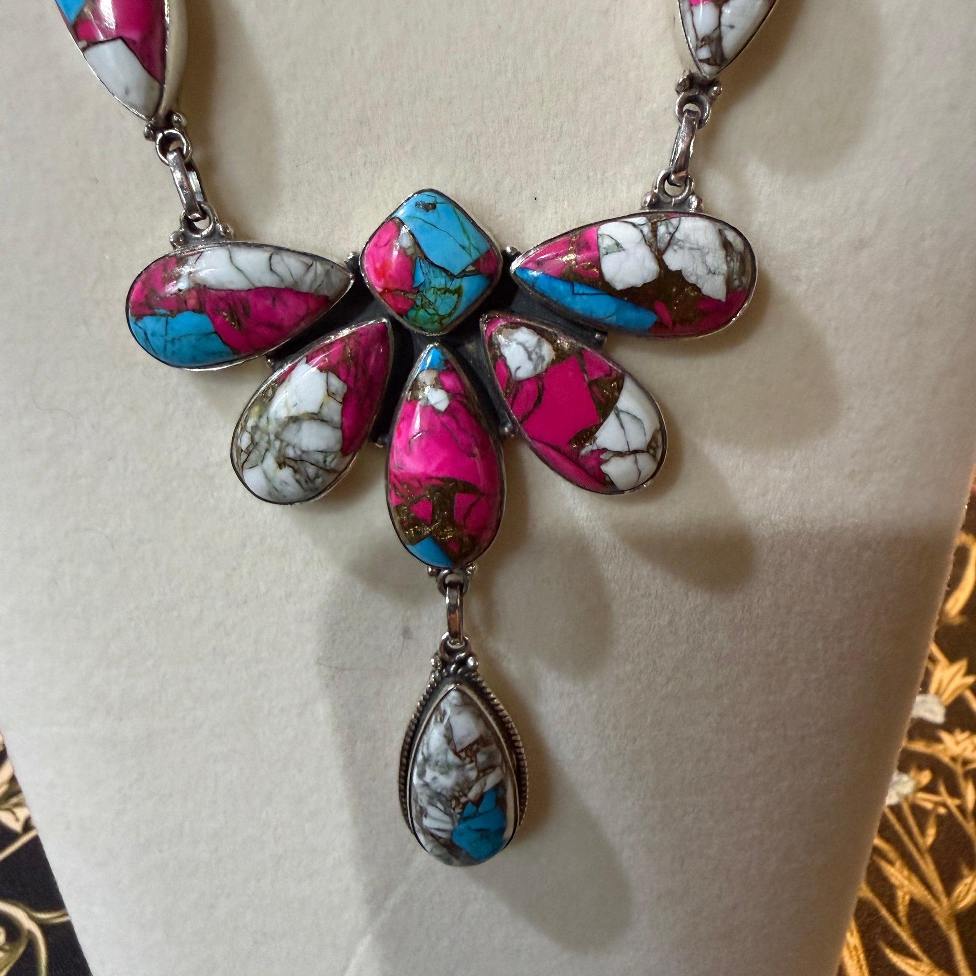 Cotton Candy Turquoise Dahlia Butterfly Necklace Sterling Silver 20 Inch Wild West Boho