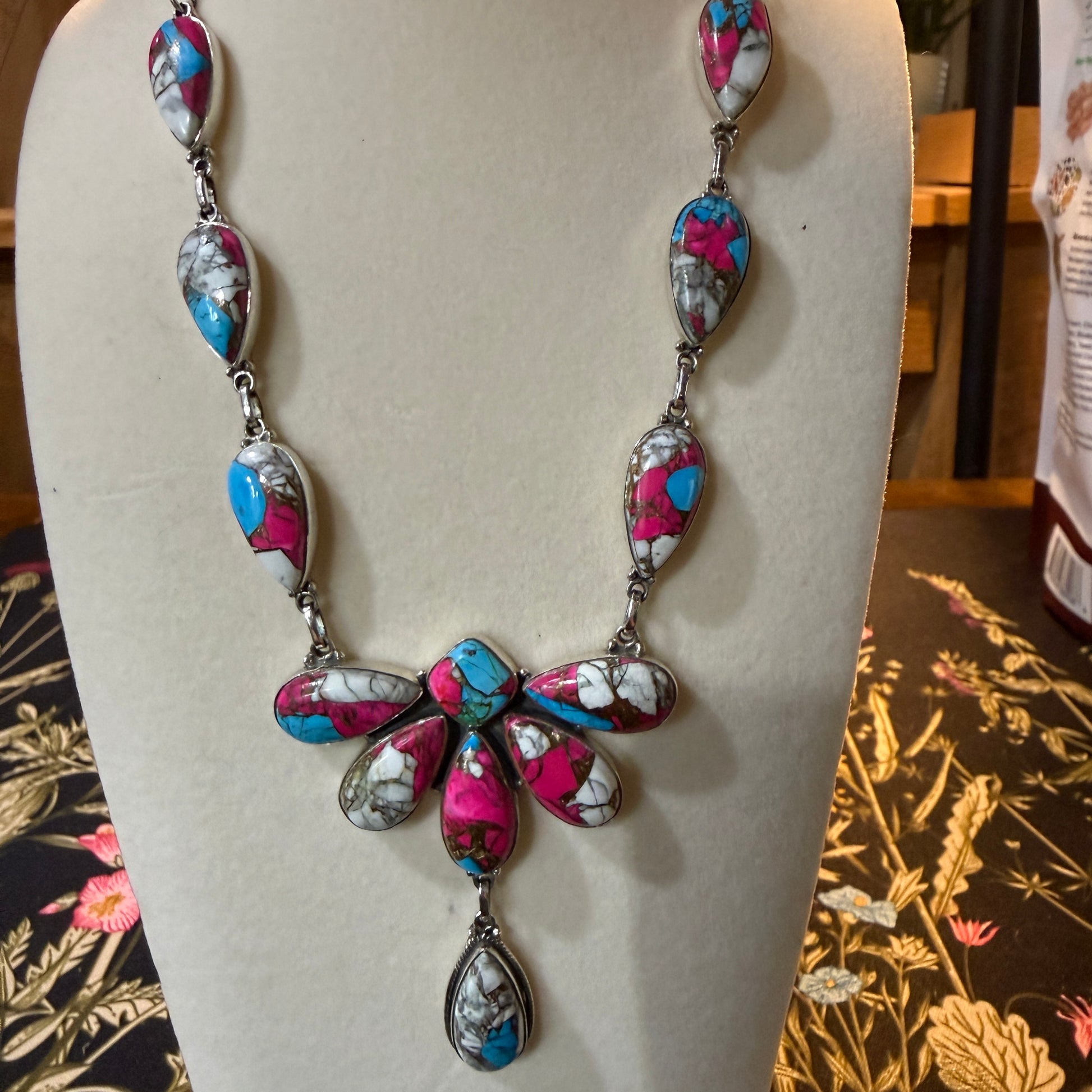 Cotton Candy Turquoise Dahlia Butterfly Necklace Sterling Silver 20 Inch Wild West Boho