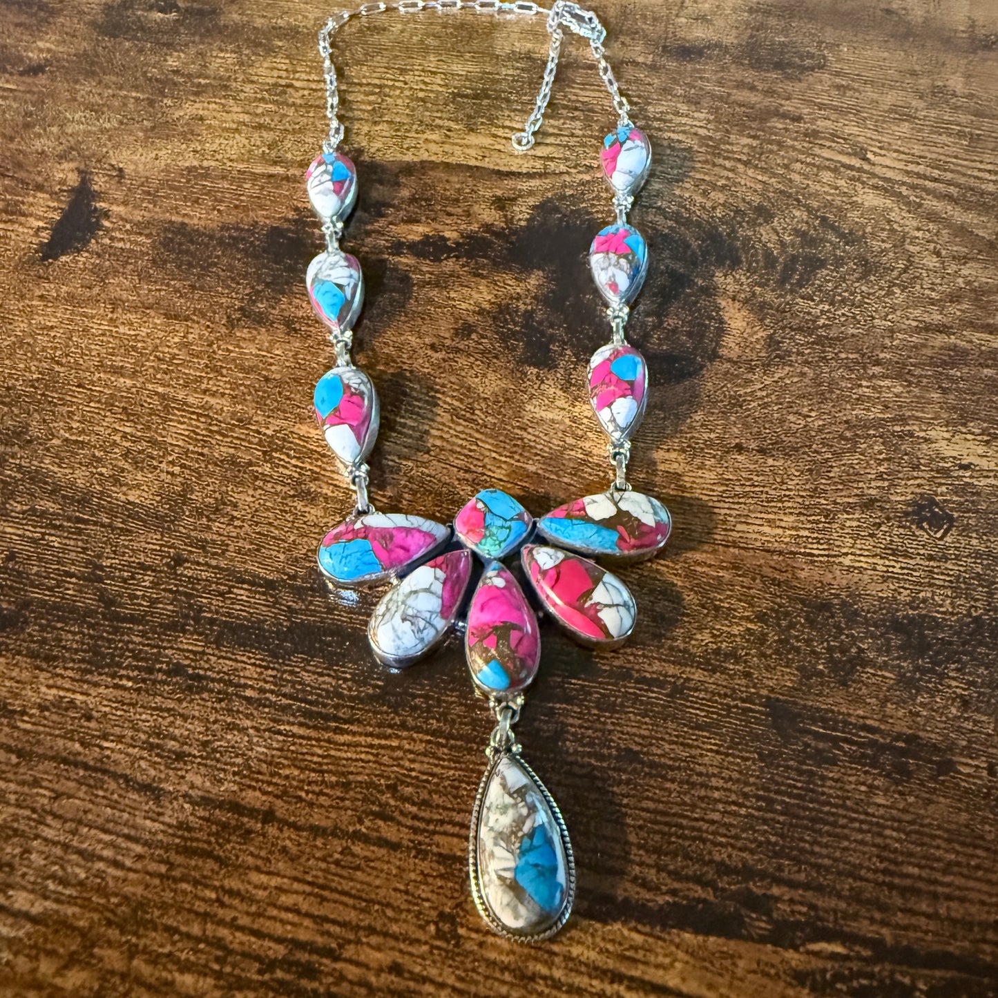 Cotton Candy Turquoise Dahlia Butterfly Necklace Sterling Silver 20 Inch Wild West Boho