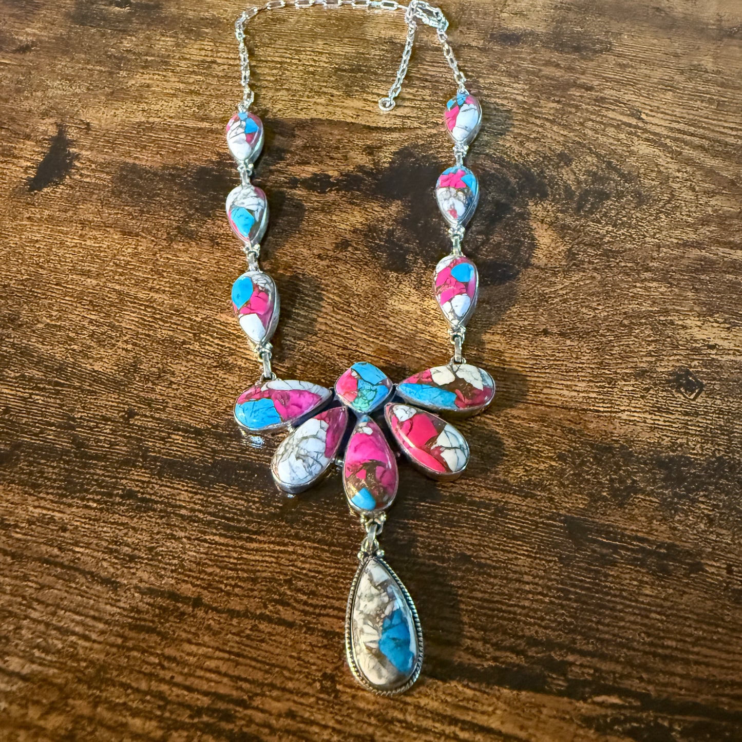 Cotton Candy Turquoise Dahlia Butterfly Necklace Sterling Silver 20 Inch Wild West Boho