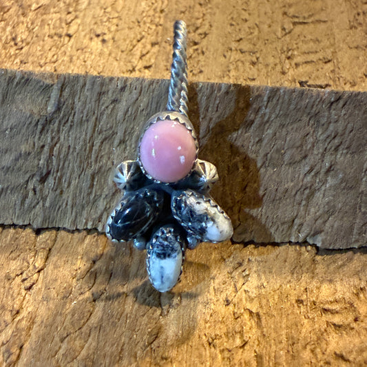 White Buffalo And Pink Conch Gemstone Hat Purse Slider Pin Charm Sterling Silver Wild West Boho