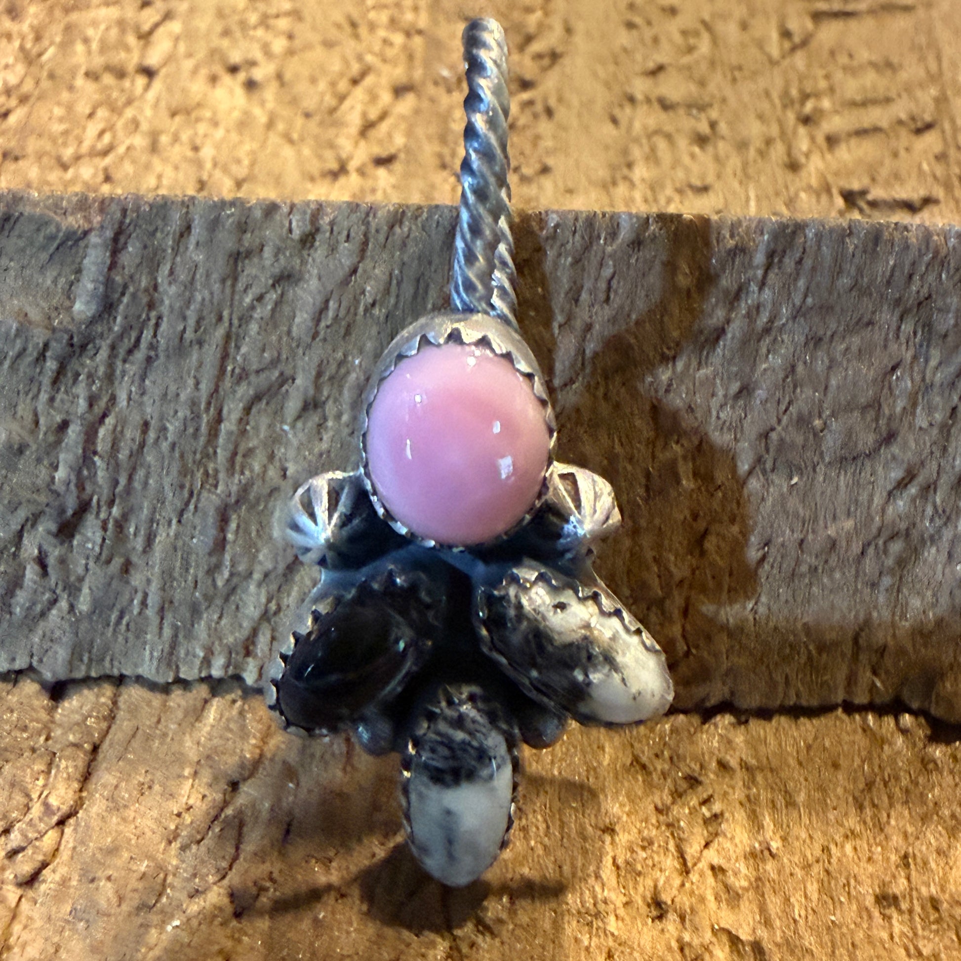 White Buffalo And Pink Conch Gemstone Hat Purse Slider Pin Charm Sterling Silver Wild West Boho