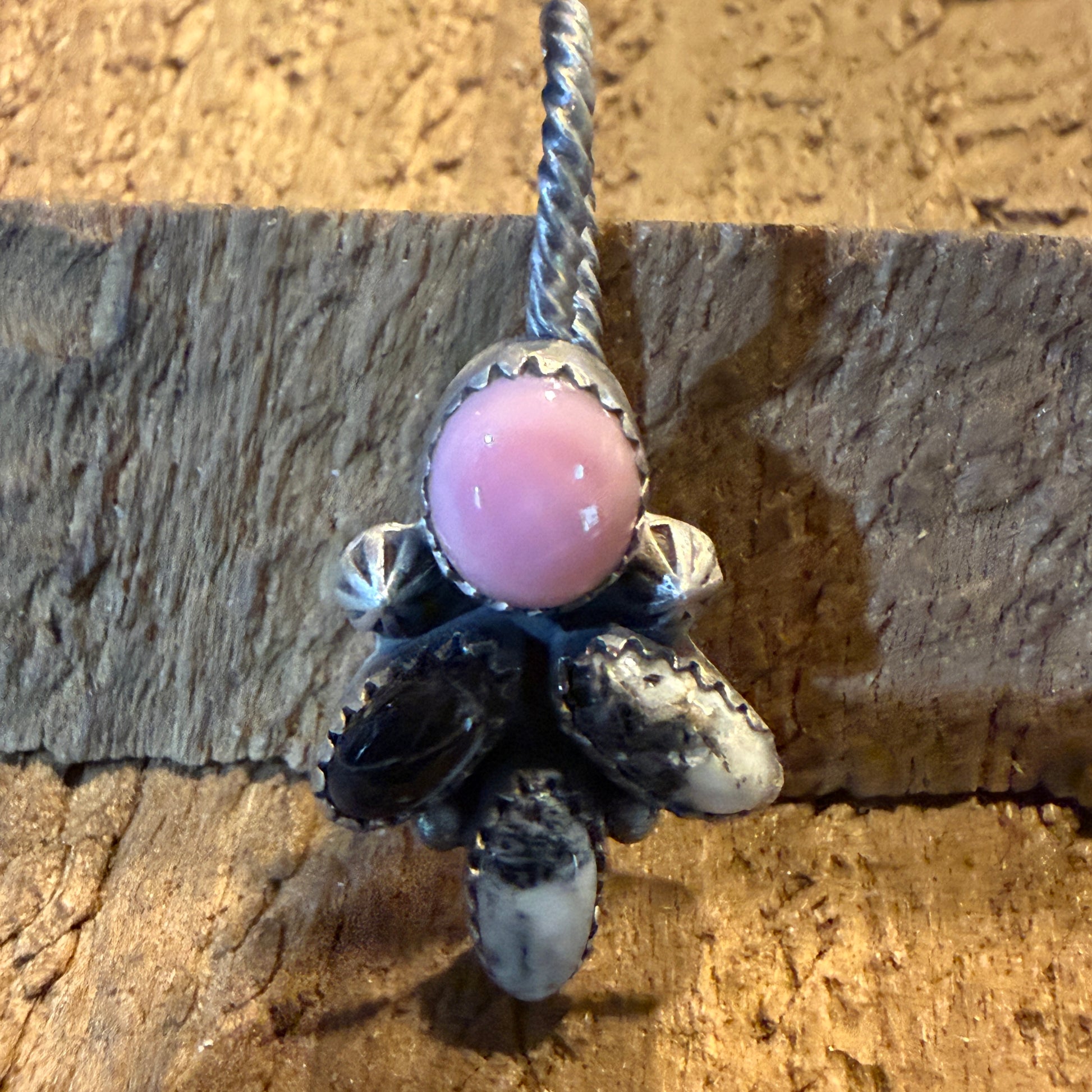 White Buffalo And Pink Conch Gemstone Hat Purse Slider Pin Charm Sterling Silver Wild West Boho