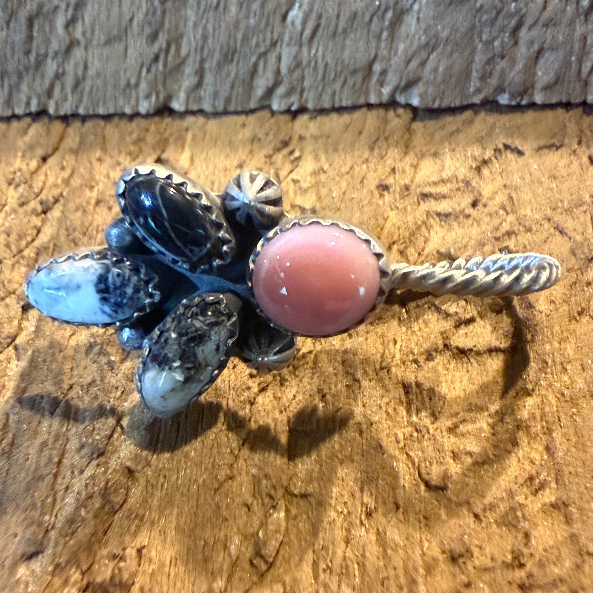 White Buffalo And Pink Conch Gemstone Hat Purse Slider Pin Charm Sterling Silver Wild West Boho