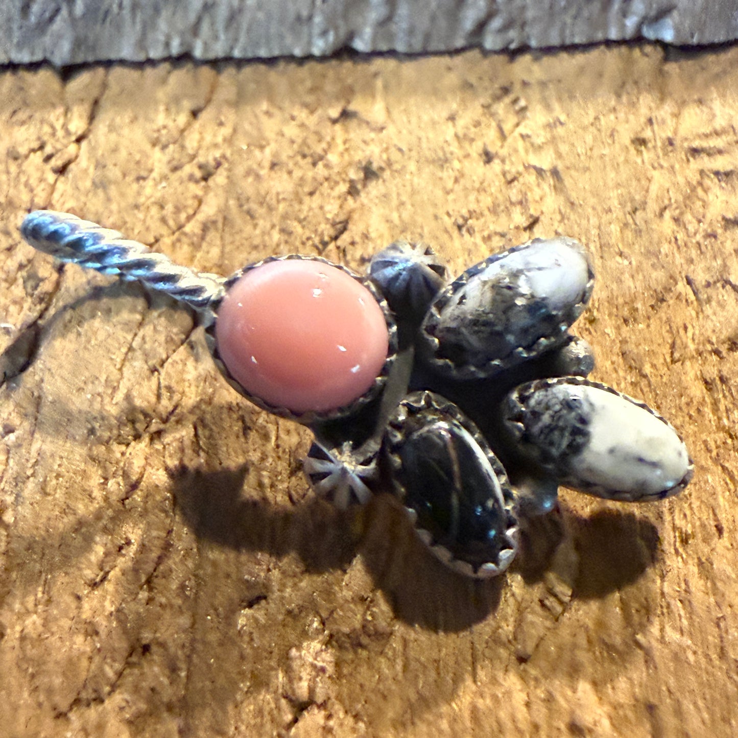 White Buffalo And Pink Conch Gemstone Hat Purse Slider Pin Charm Sterling Silver Wild West Boho