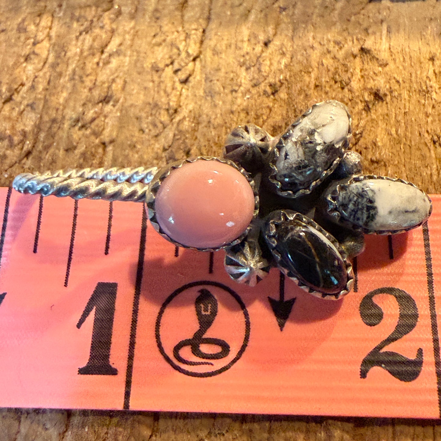 White Buffalo And Pink Conch Gemstone Hat Purse Slider Pin Charm Sterling Silver Wild West Boho
