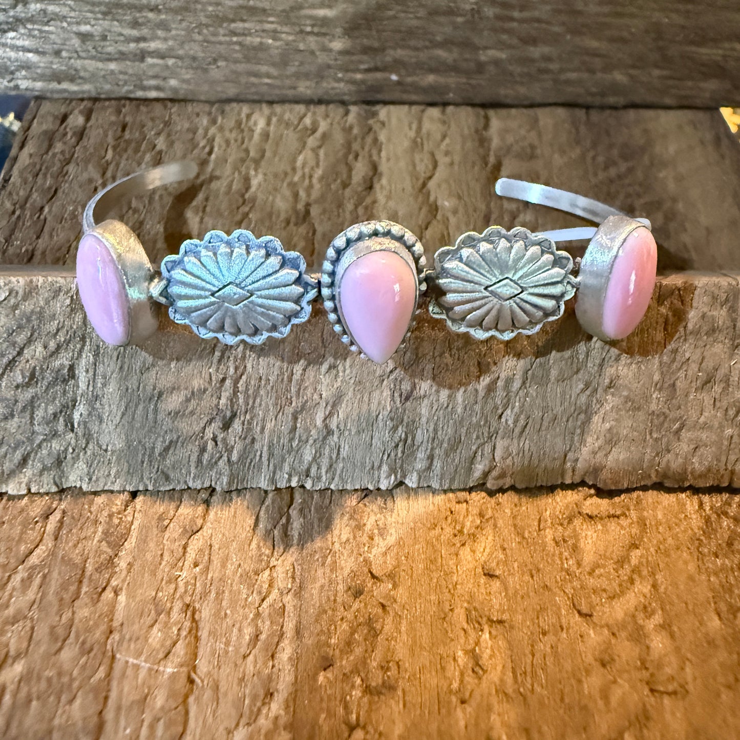Pink Conch Gemstone Flex Stacker Bangle Bracelet Sterling Silver Wild West Boho