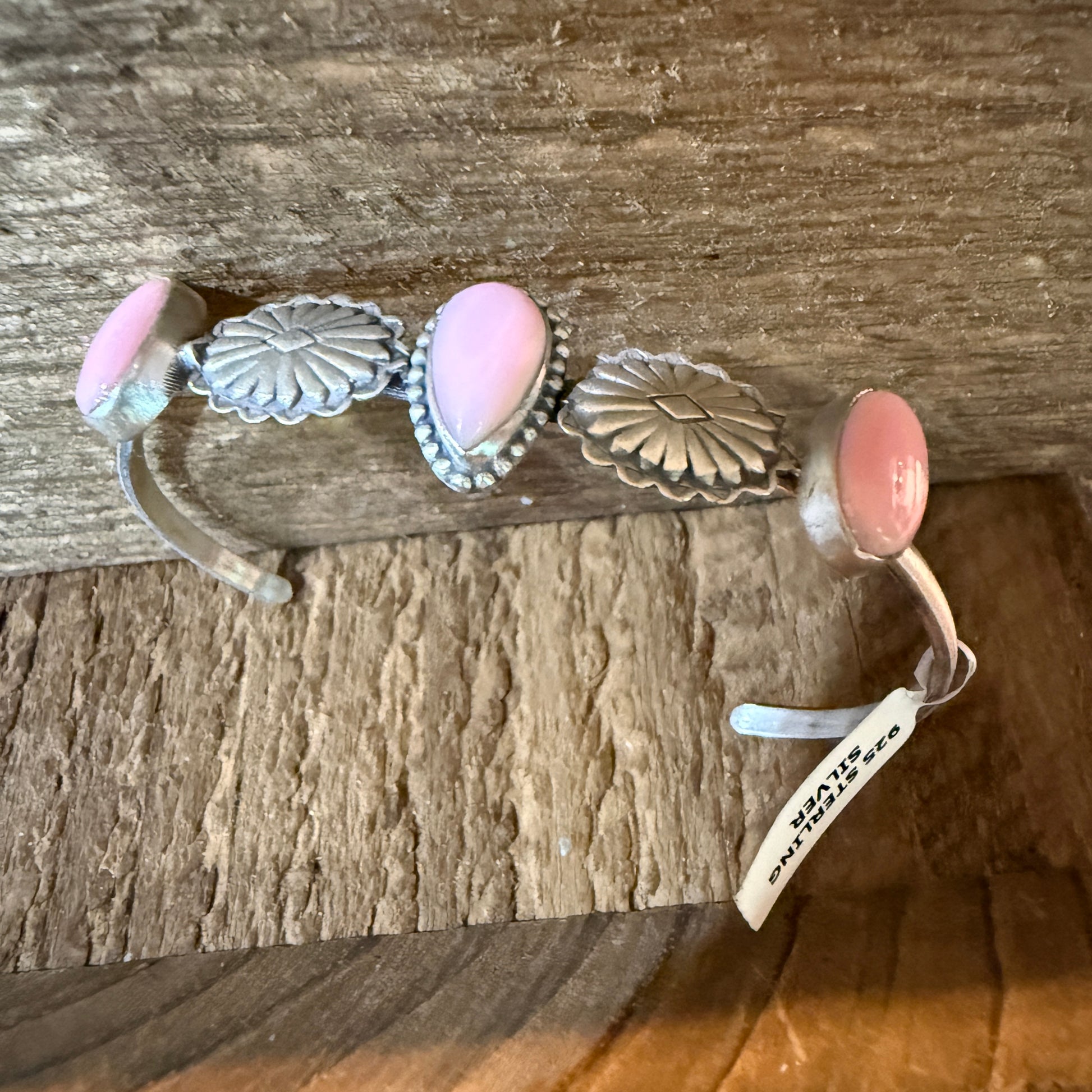Pink Conch Gemstone Flex Stacker Bangle Bracelet Sterling Silver Wild West Boho