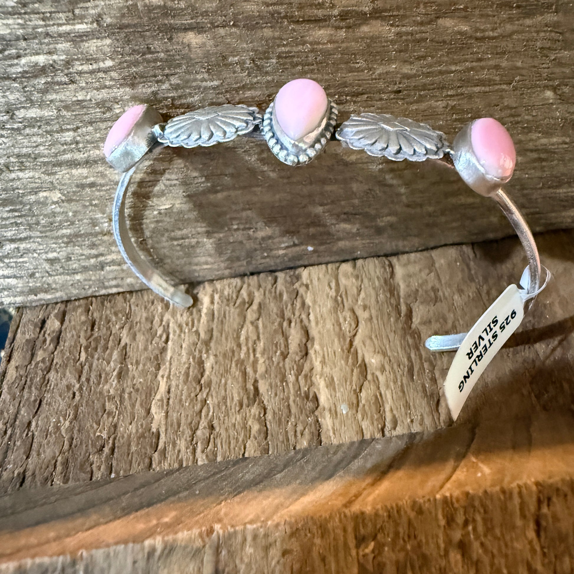 Pink Conch Gemstone Flex Stacker Bangle Bracelet Sterling Silver Wild West Boho