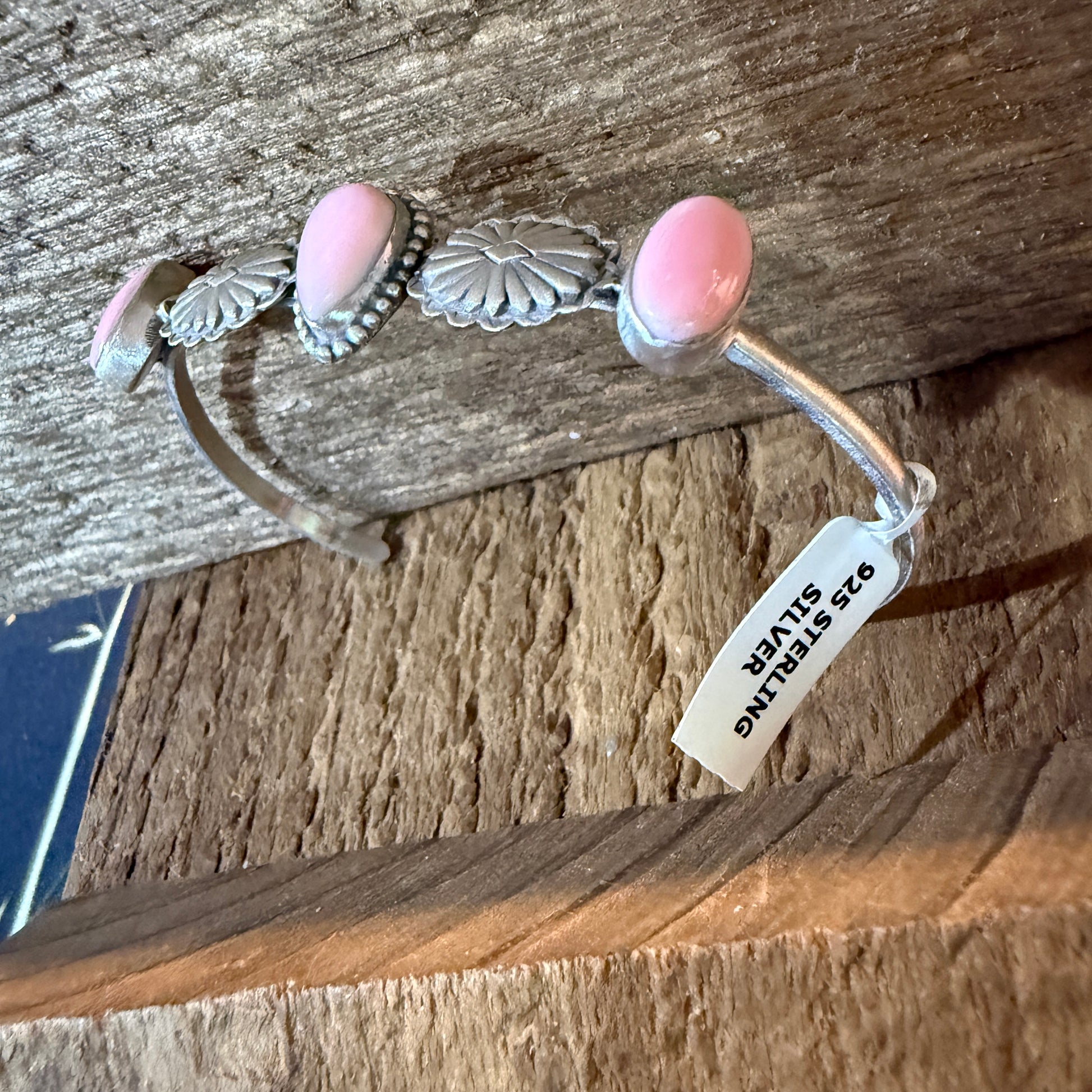 Pink Conch Gemstone Flex Stacker Bangle Bracelet Sterling Silver Wild West Boho