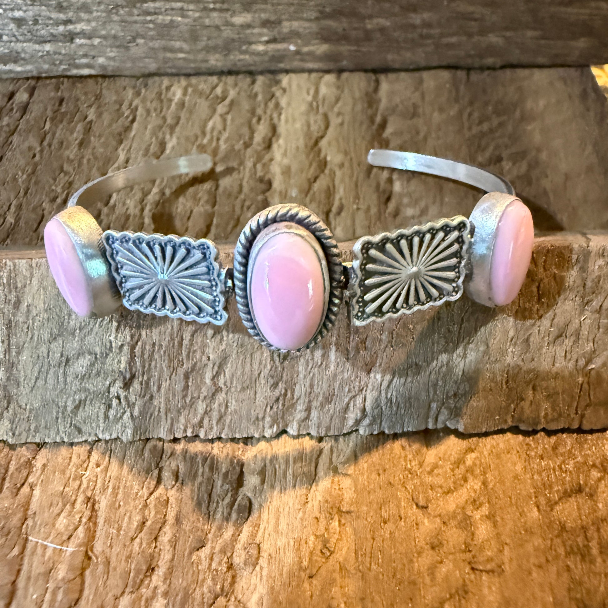 Pink Conch Gemstone Flex Stacker Bangle Bracelet In Sterling Silver Wild West Boho