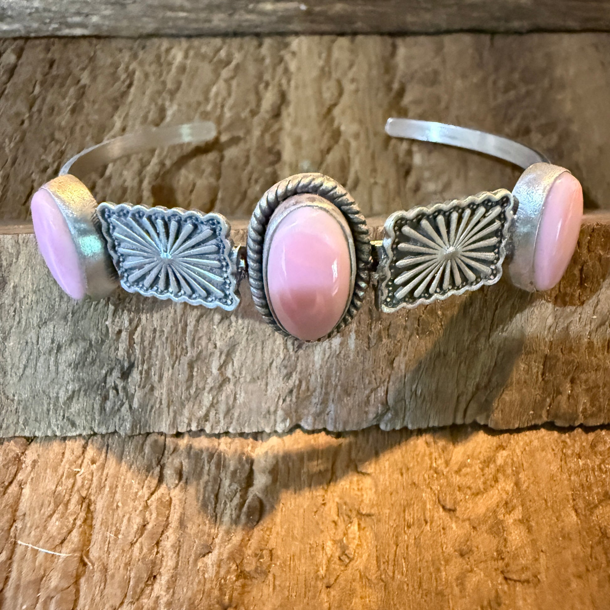 Pink Conch Gemstone Flex Stacker Bangle Bracelet In Sterling Silver Wild West Boho