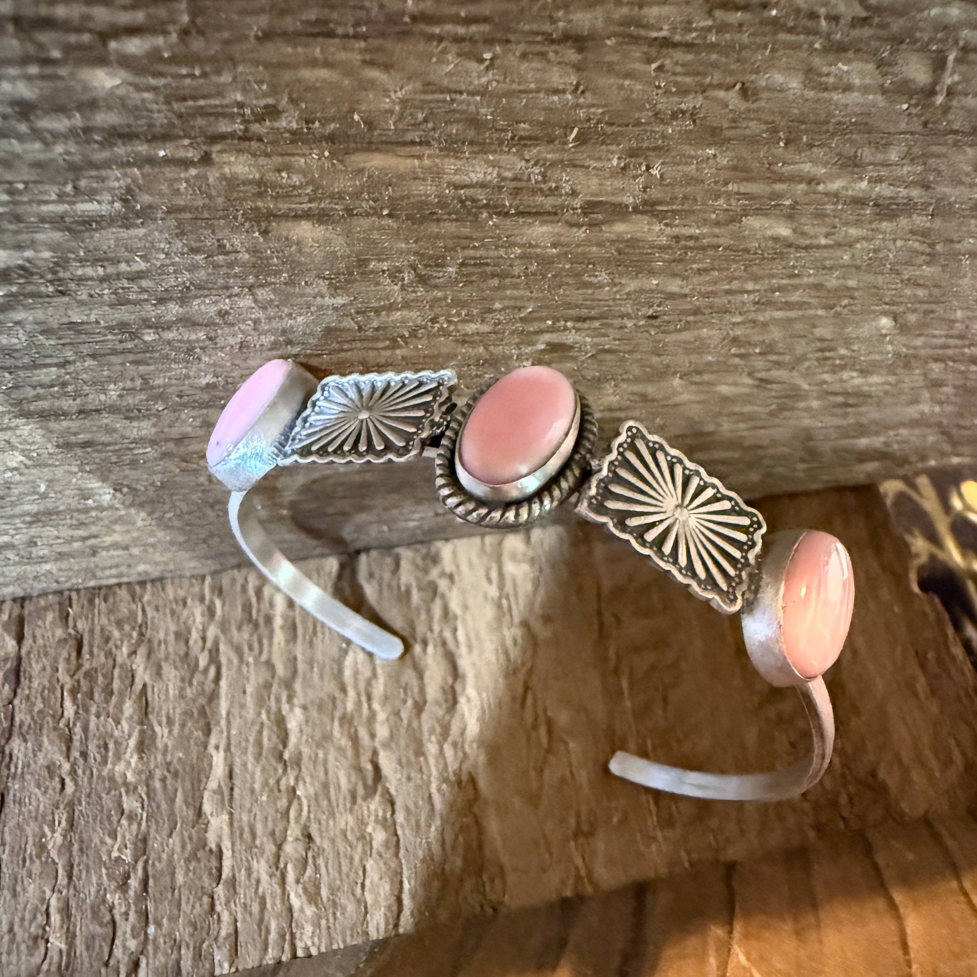 Pink Conch Gemstone Flex Stacker Bangle Bracelet In Sterling Silver Wild West Boho