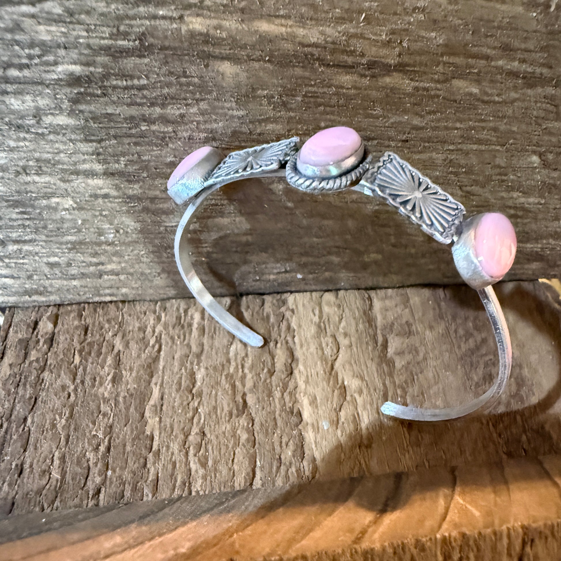 Pink Conch Gemstone Flex Stacker Bangle Bracelet In Sterling Silver Wild West Boho