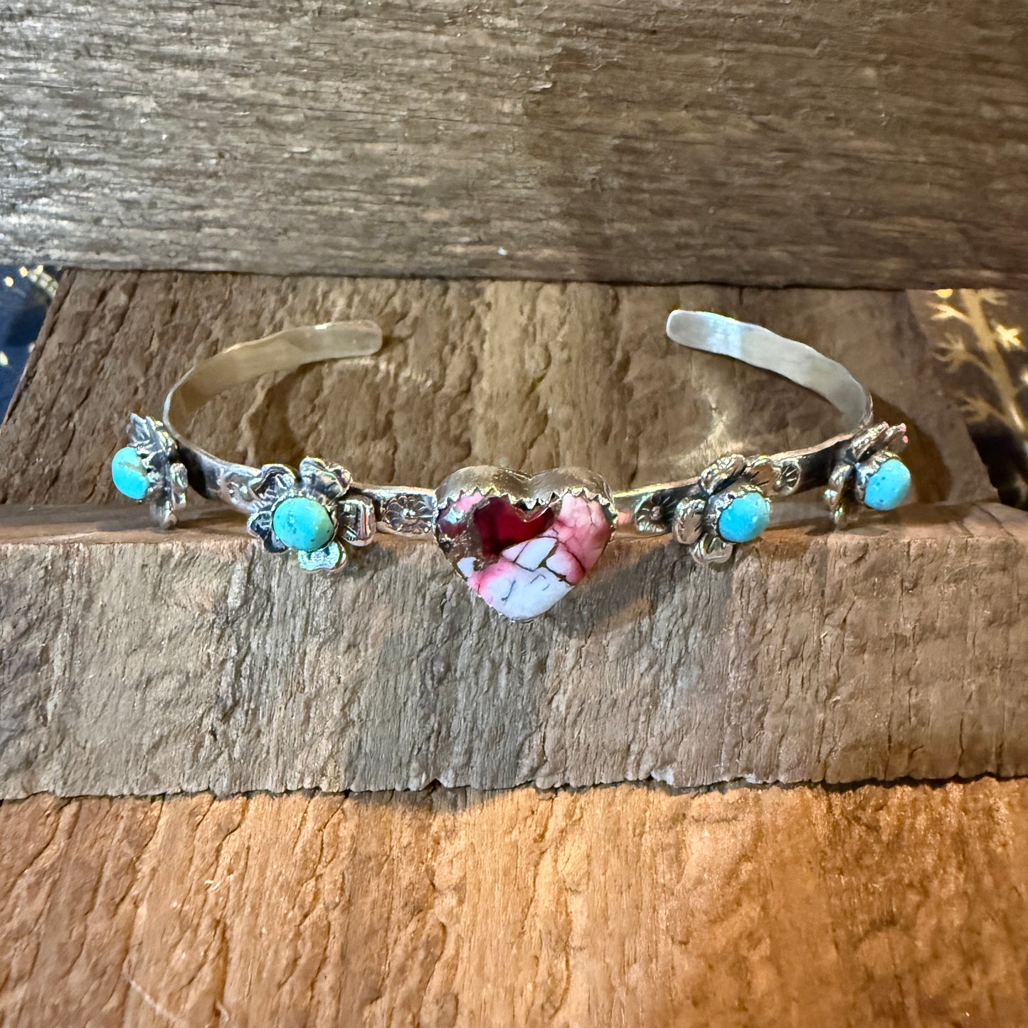 Red Rose Dahlia And Kingman Turquoise Flex Stacker Bracelet Sterling Silver Wild West Boho