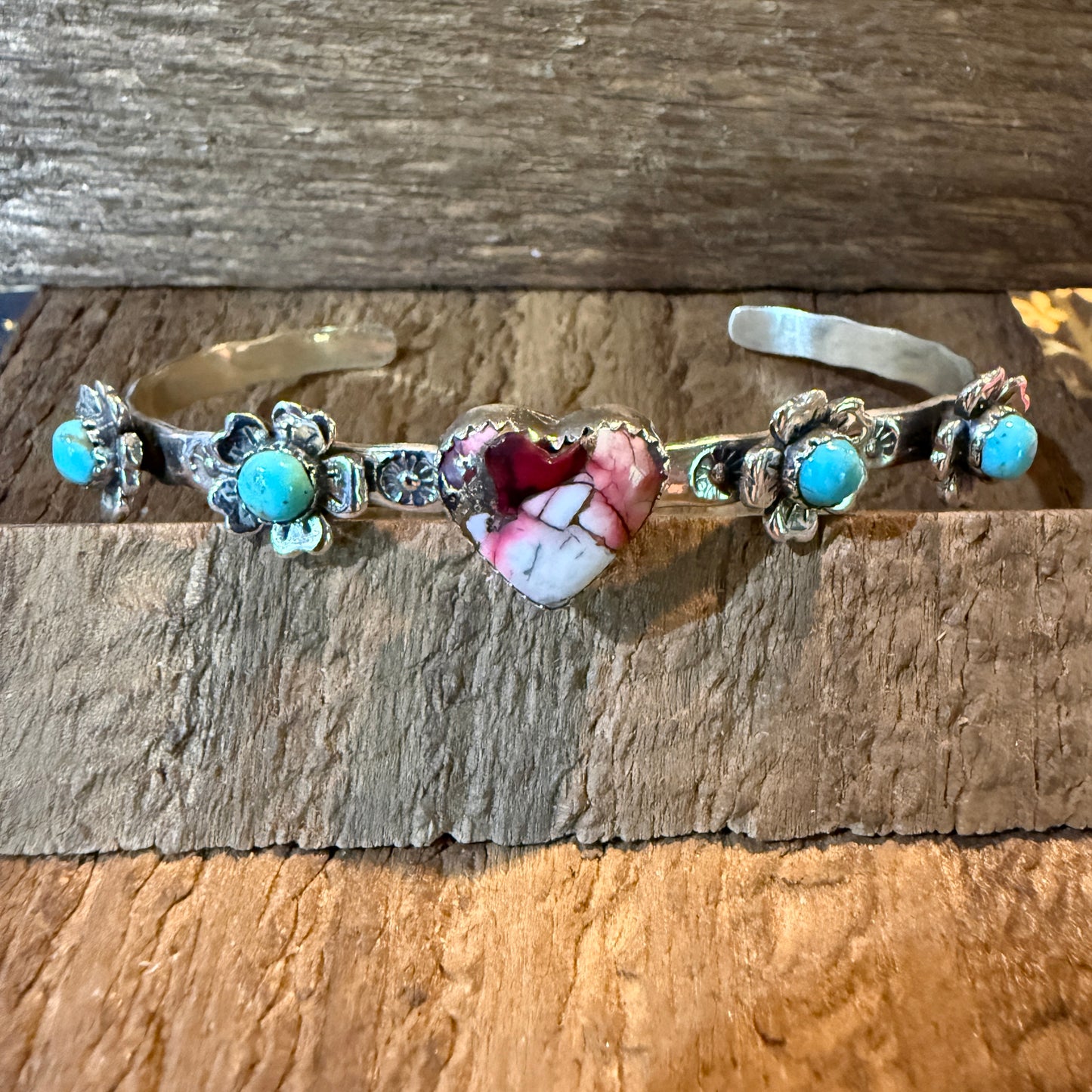 Red Rose Dahlia And Kingman Turquoise Flex Stacker Bracelet Sterling Silver Wild West Boho