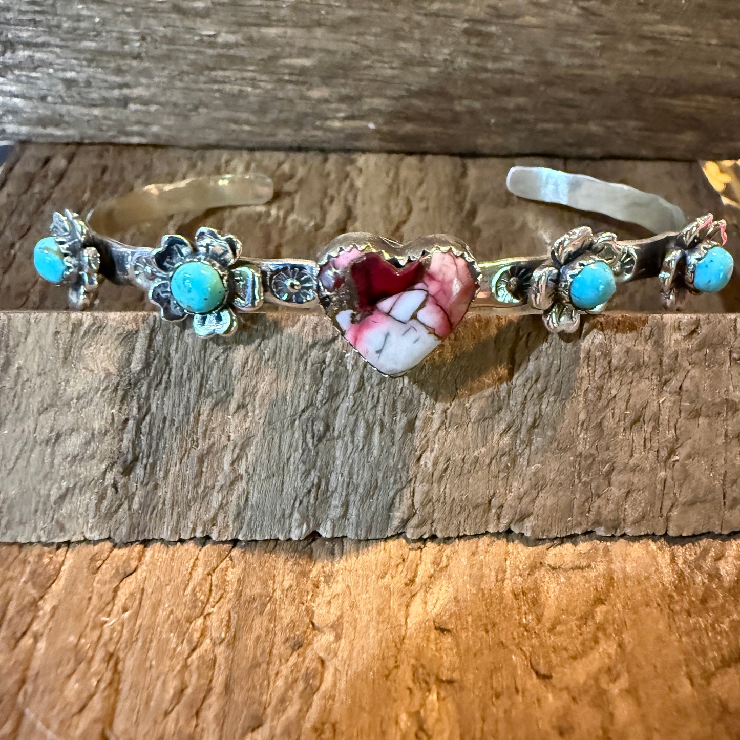 Red Rose Dahlia And Kingman Turquoise Flex Stacker Bracelet Sterling Silver Wild West Boho