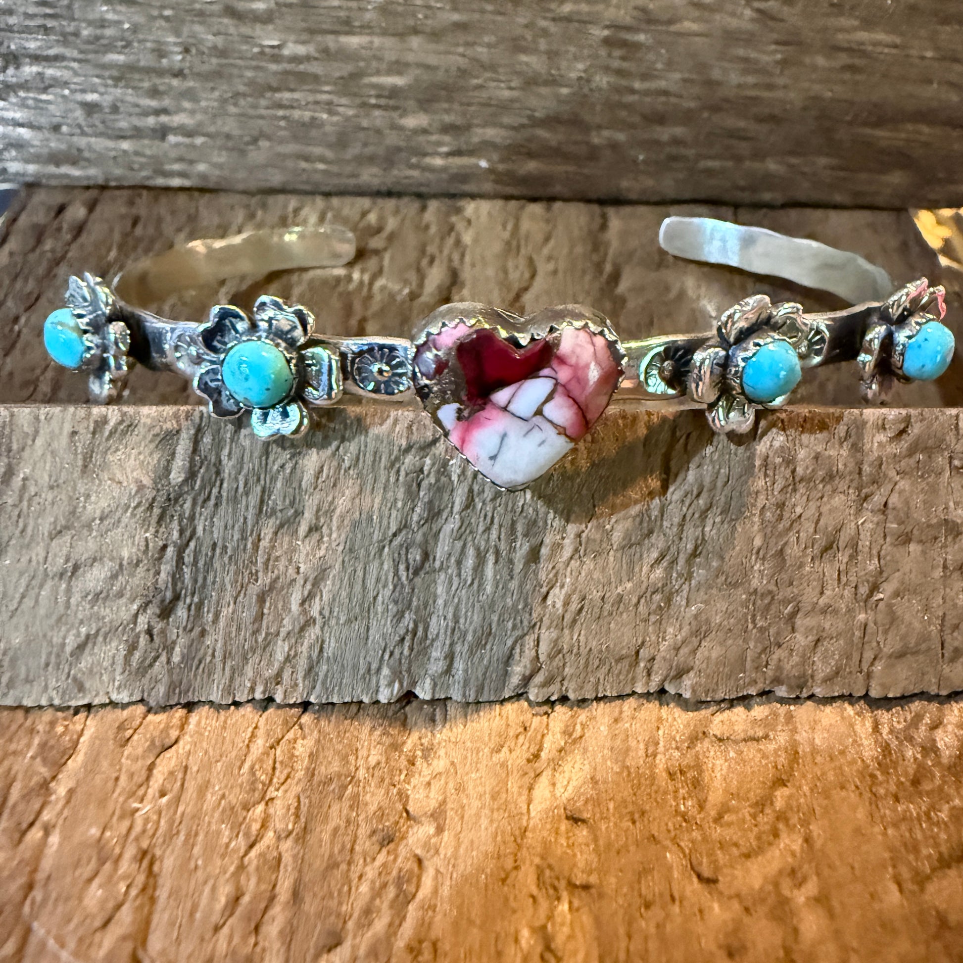 Red Rose Dahlia And Kingman Turquoise Flex Stacker Bracelet Sterling Silver Wild West Boho