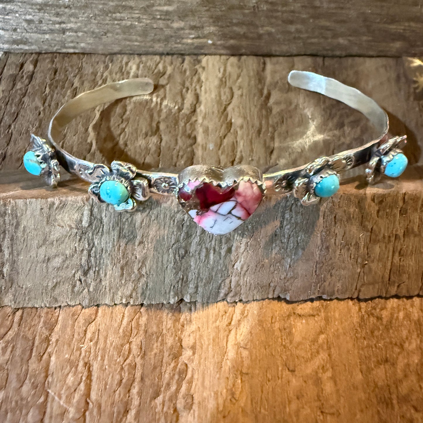 Red Rose Dahlia And Kingman Turquoise Flex Stacker Bracelet Sterling Silver Wild West Boho