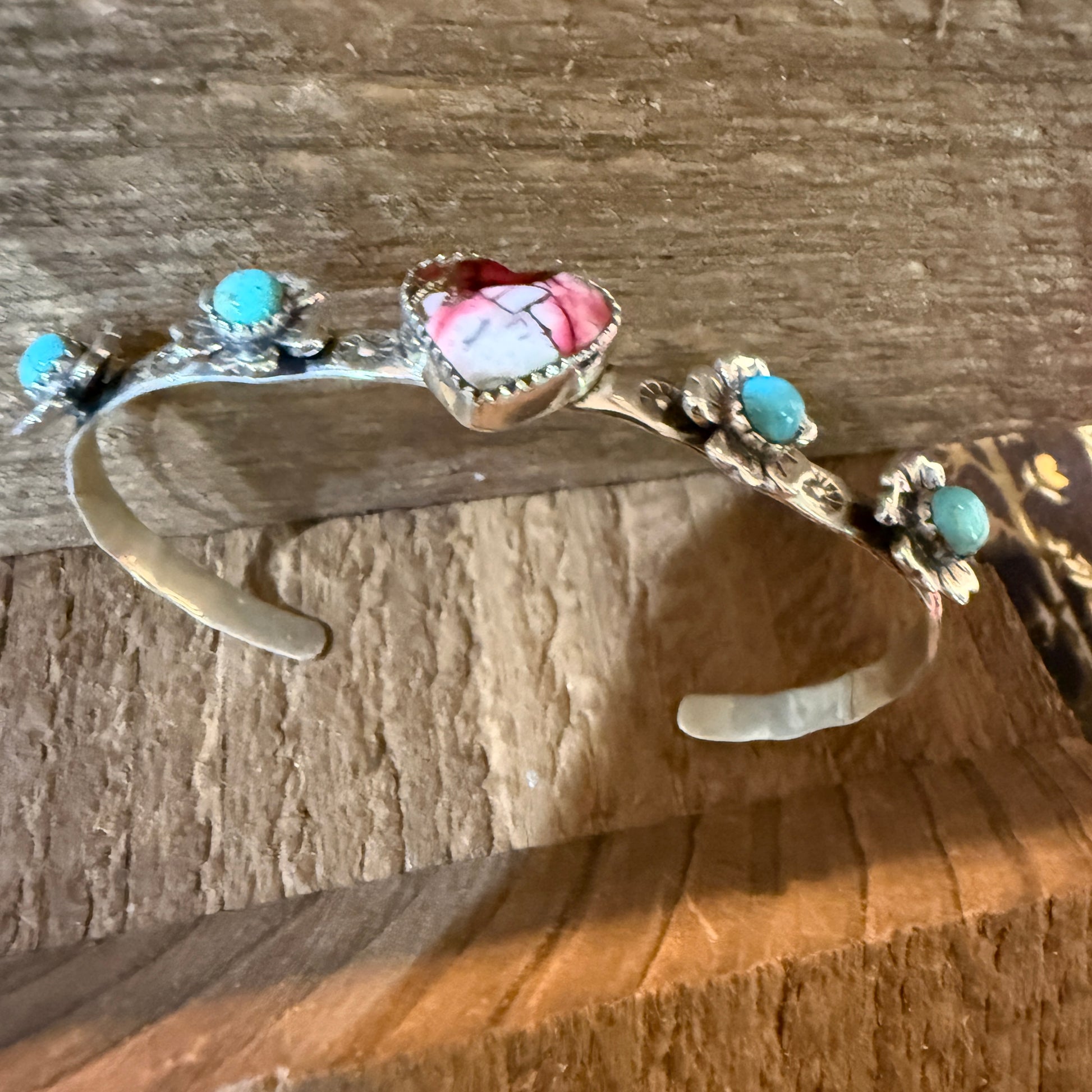 Red Rose Dahlia And Kingman Turquoise Flex Stacker Bracelet Sterling Silver Wild West Boho