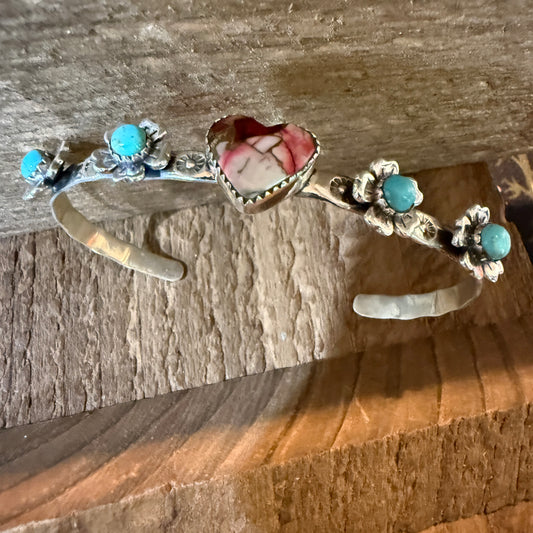 Red Rose Dahlia And Kingman Turquoise Flex Stacker Bracelet Sterling Silver Wild West Boho