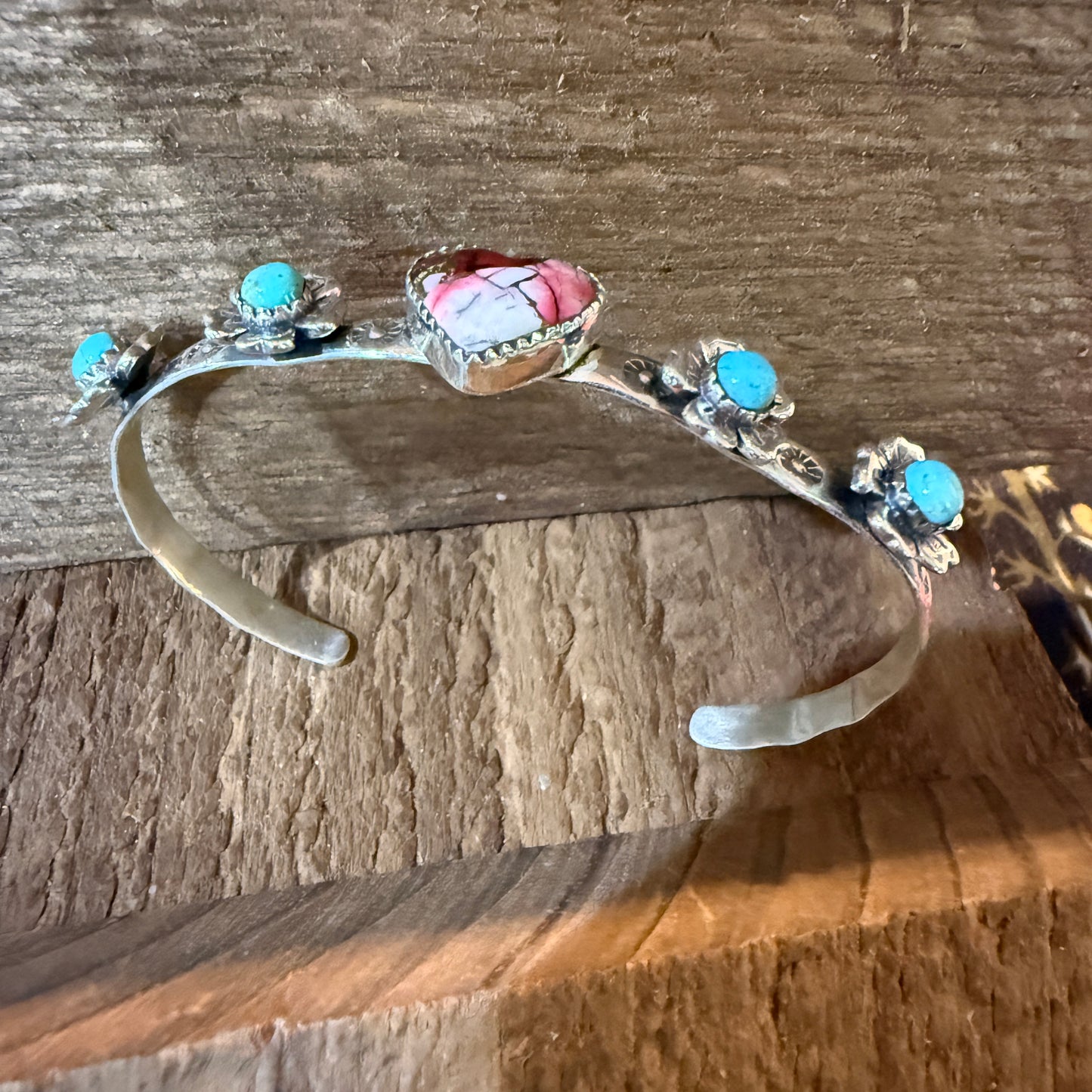 Red Rose Dahlia And Kingman Turquoise Flex Stacker Bracelet Sterling Silver Wild West Boho