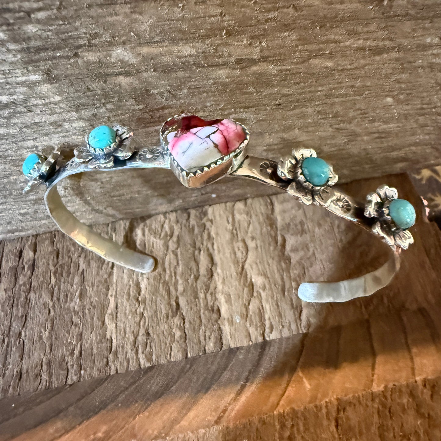 Red Rose Dahlia And Kingman Turquoise Flex Stacker Bracelet Sterling Silver Wild West Boho