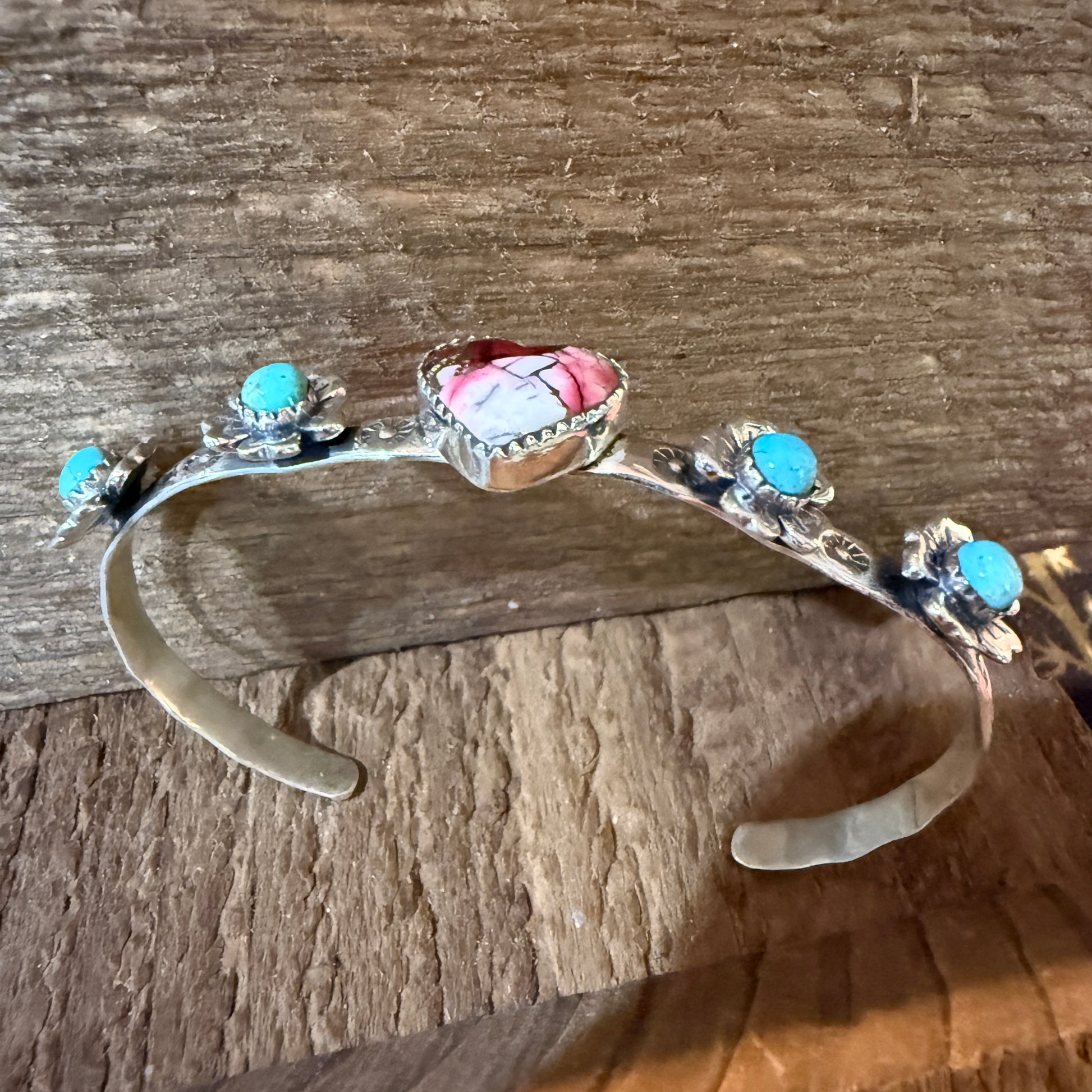 Red Rose Dahlia And Kingman Turquoise Flex Stacker Bracelet Sterling Silver Wild West Boho