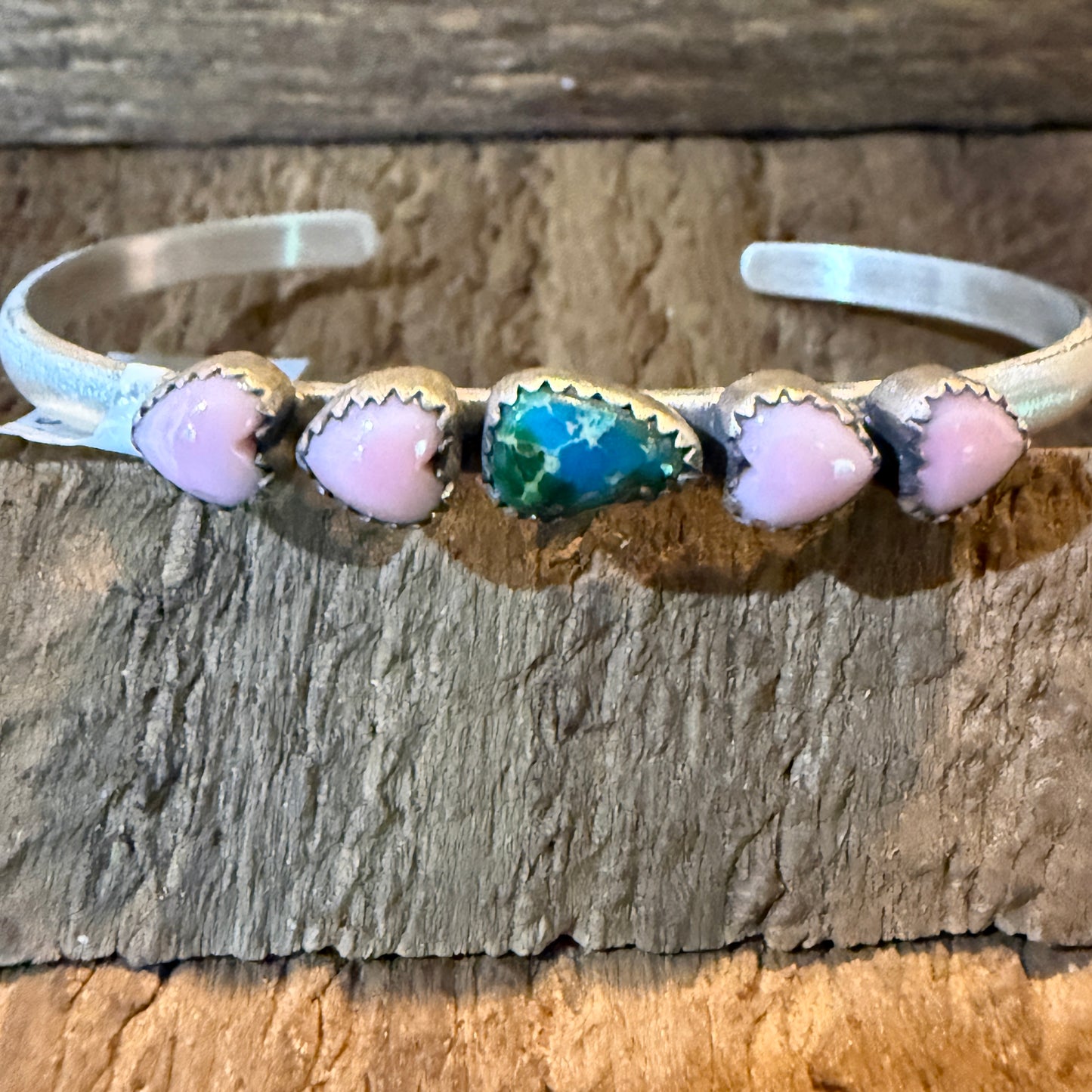 Sonoran Gold Turquoise And Pink Conch Heart Gemstone Bracelet Sterling Silver Wild West Boho
