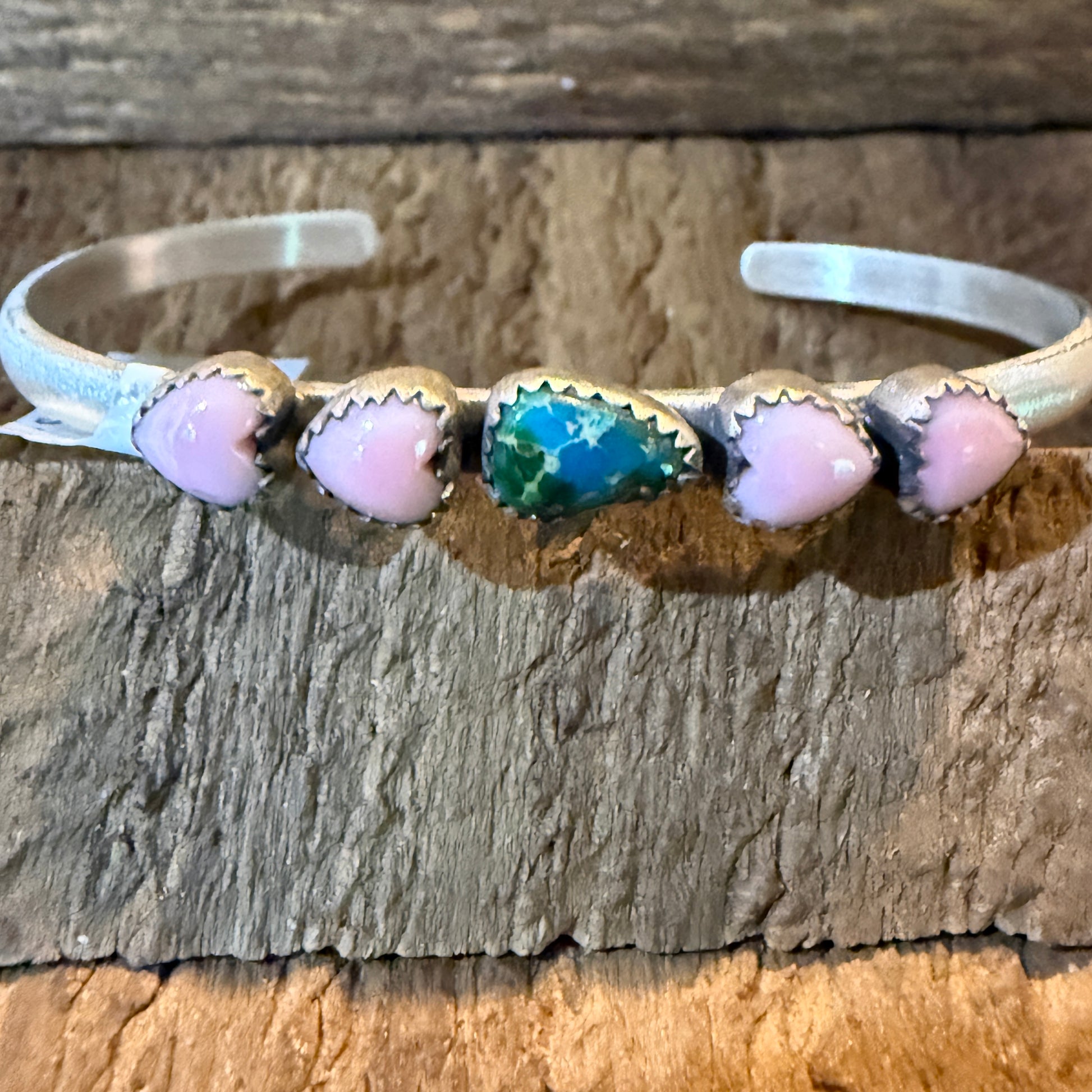 Sonoran Gold Turquoise And Pink Conch Heart Gemstone Bracelet Sterling Silver Wild West Boho