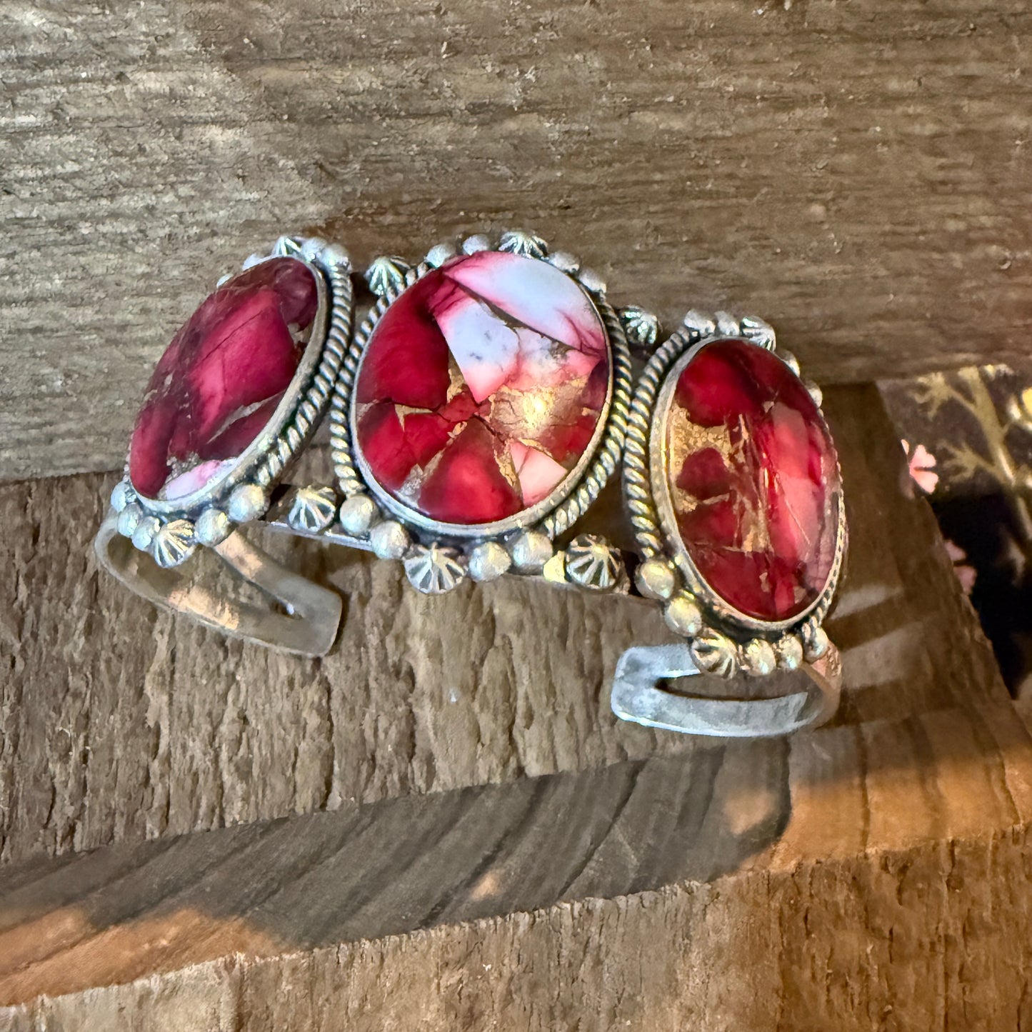 Red Rose Dahlia Gemstone Flex Cuff Bangle Bracelet Sterling One Quarter Wide Wild West Boho