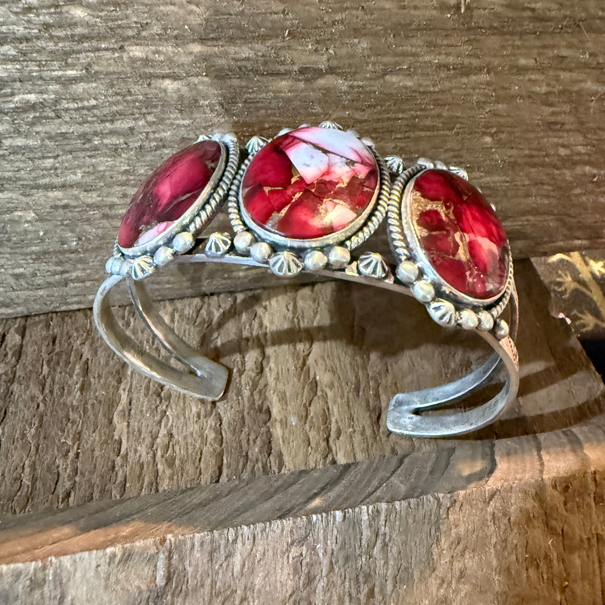 Red Rose Dahlia Gemstone Flex Cuff Bangle Bracelet Sterling One Quarter Wide Wild West Boho