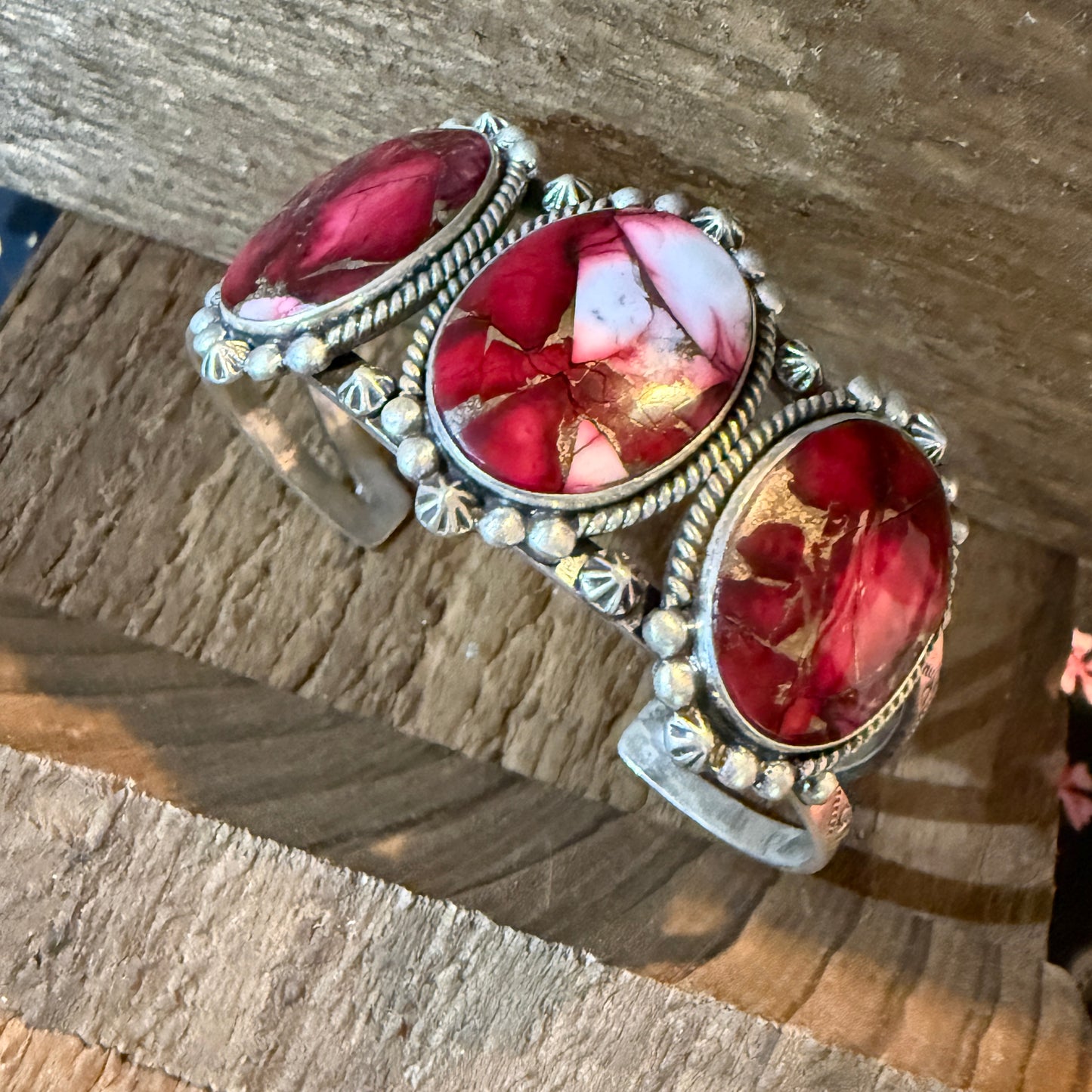 Red Rose Dahlia Gemstone Flex Cuff Bangle Bracelet Sterling One Quarter Wide Wild West Boho