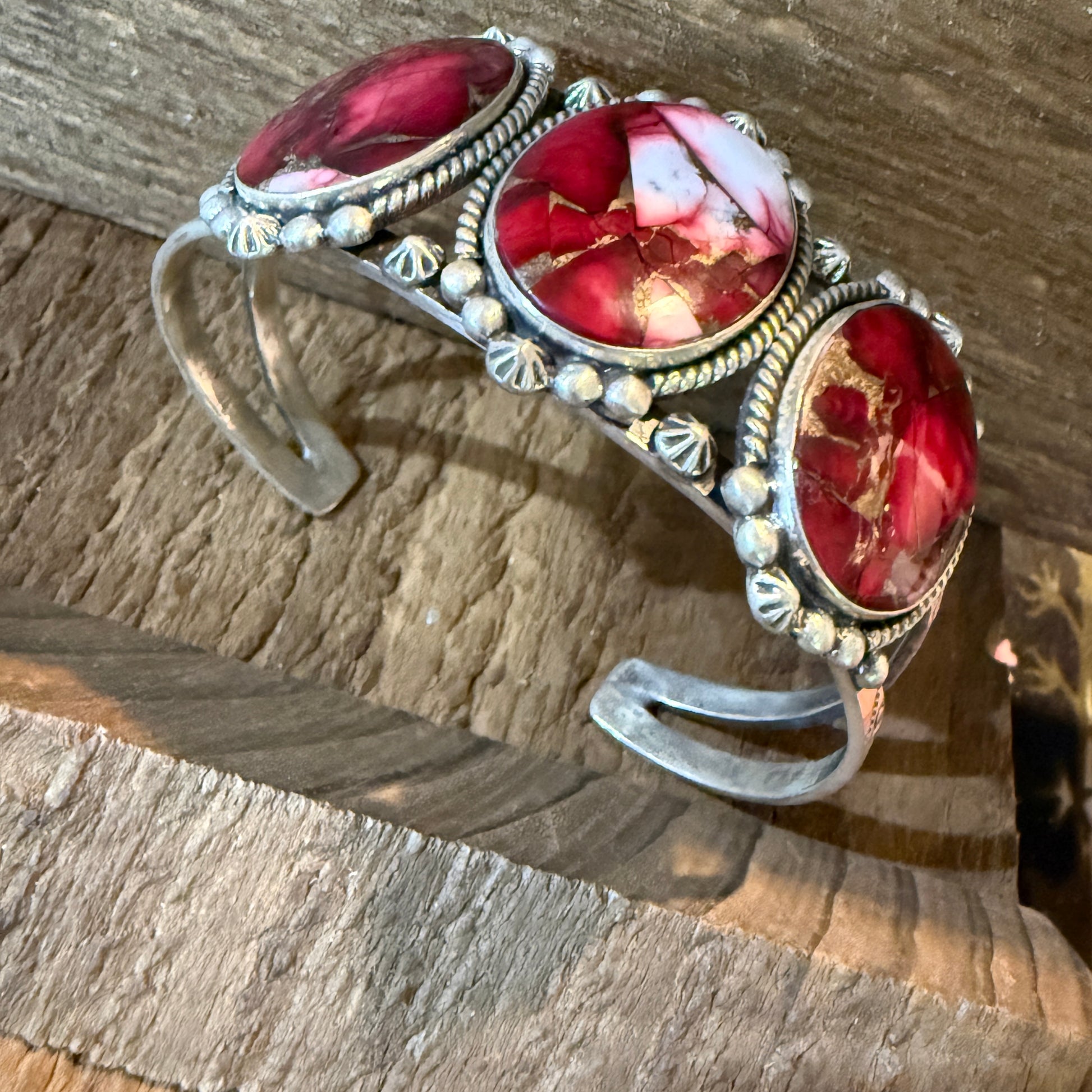 Red Rose Dahlia Gemstone Flex Cuff Bangle Bracelet Sterling One Quarter Wide Wild West Boho