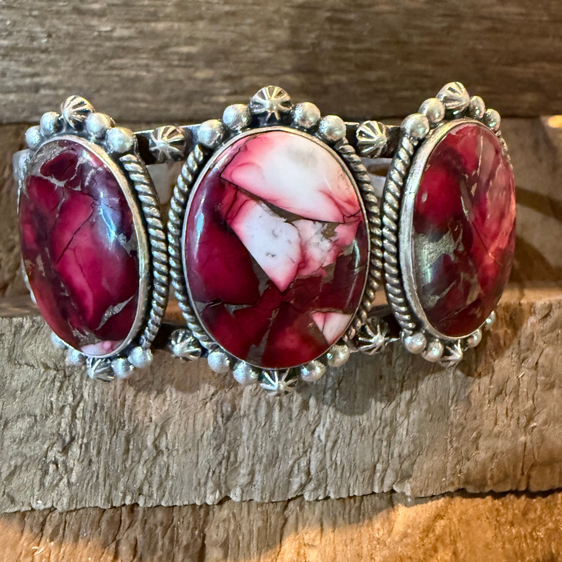 Red Rose Dahlia Gemstone Flex Cuff Bangle Bracelet Sterling One Quarter Wide Wild West Boho