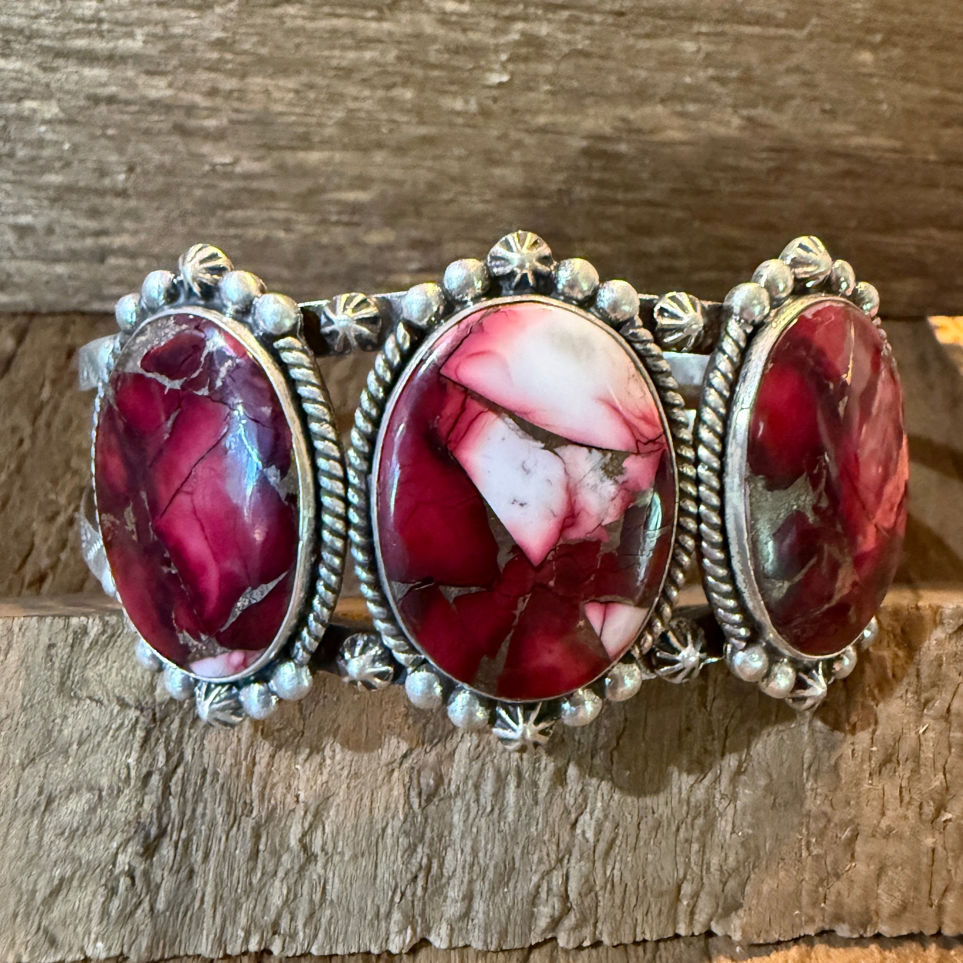 Red Rose Dahlia Gemstone Flex Cuff Bangle Bracelet Sterling One Quarter Wide Wild West Boho