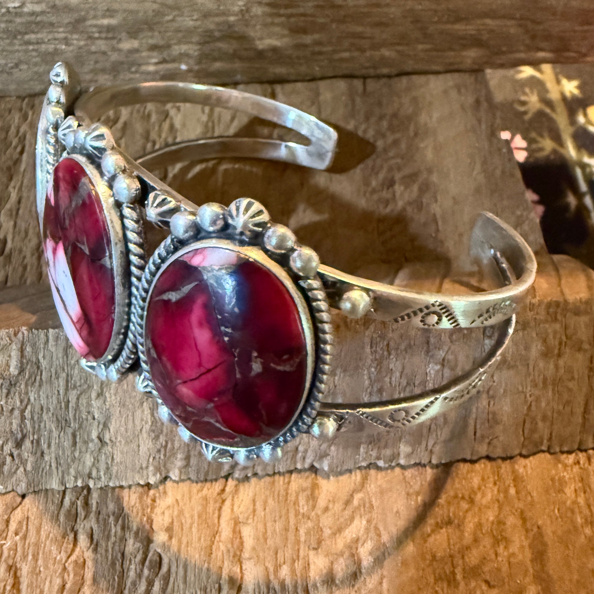 Red Rose Dahlia Gemstone Flex Cuff Bangle Bracelet Sterling One Quarter Wide Wild West Boho