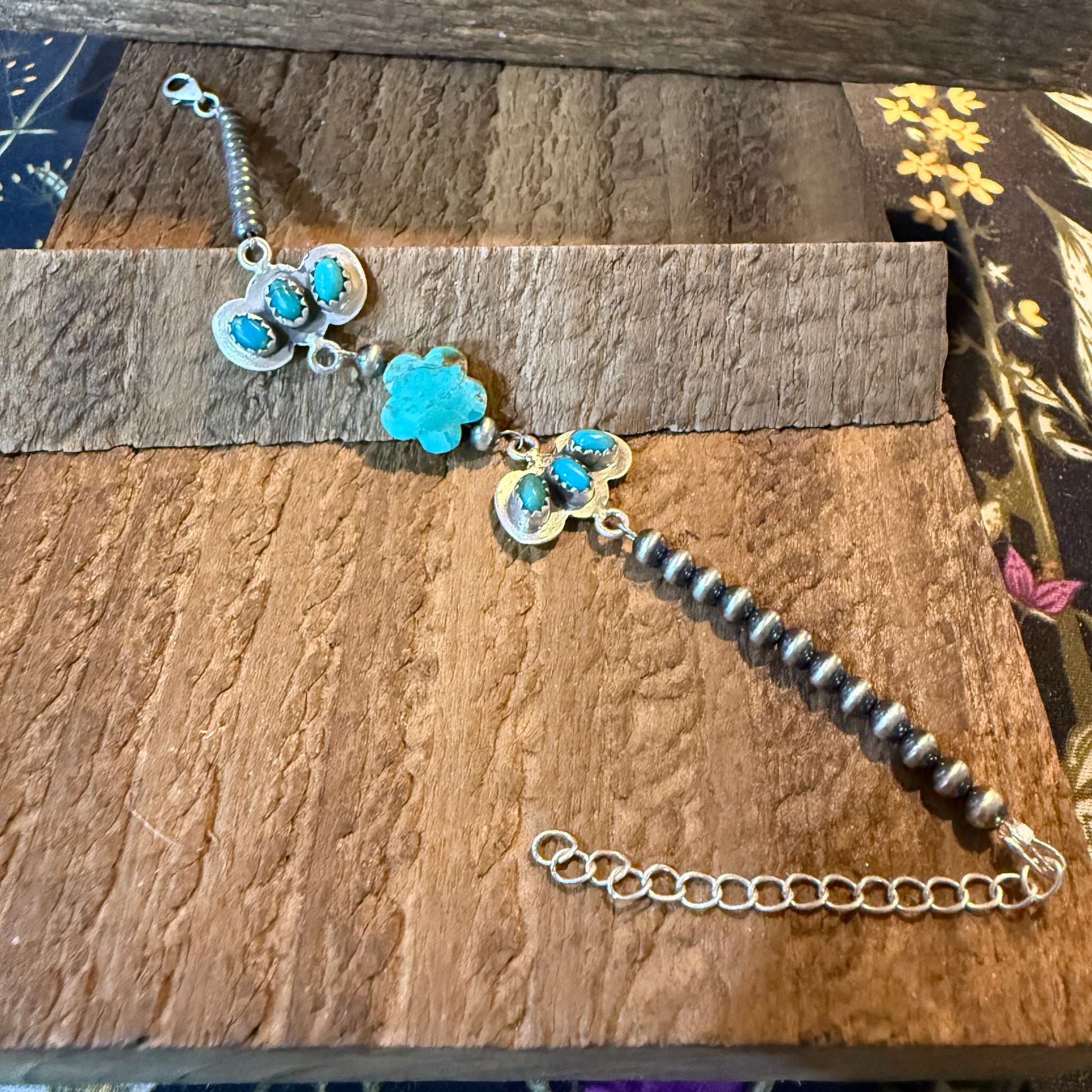 Kingman Turquoise Gemstone Bracelet With Sterling Silver Pearl Beads Size 6.5 Wild West Boho