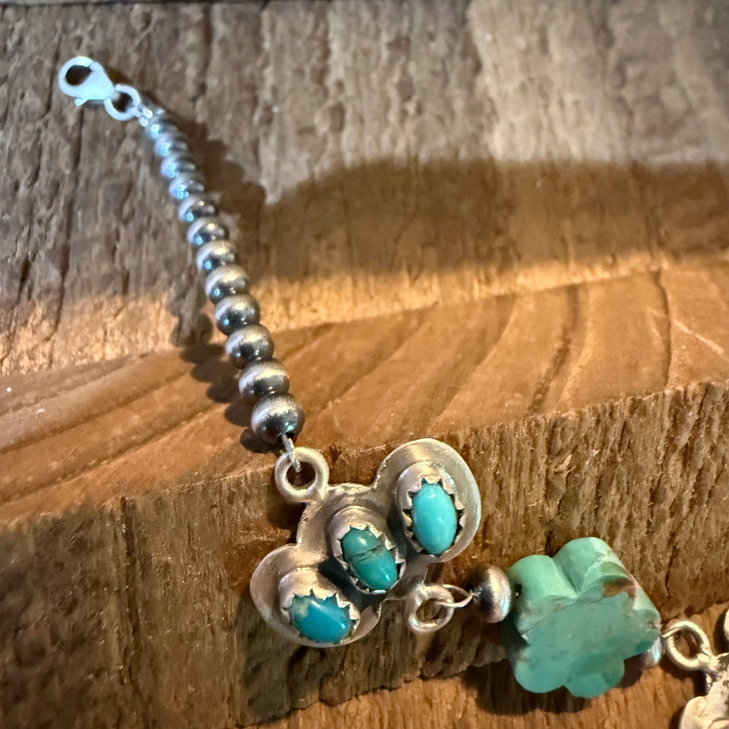 Kingman Turquoise Gemstone Bracelet With Sterling Silver Pearl Beads Size 6.5 Wild West Boho