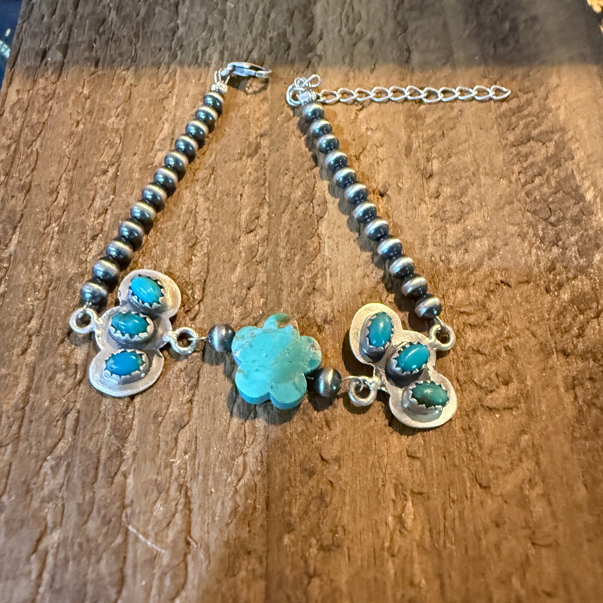 Kingman Turquoise Gemstone Bracelet With Sterling Silver Pearl Beads Size 6.5 Wild West Boho