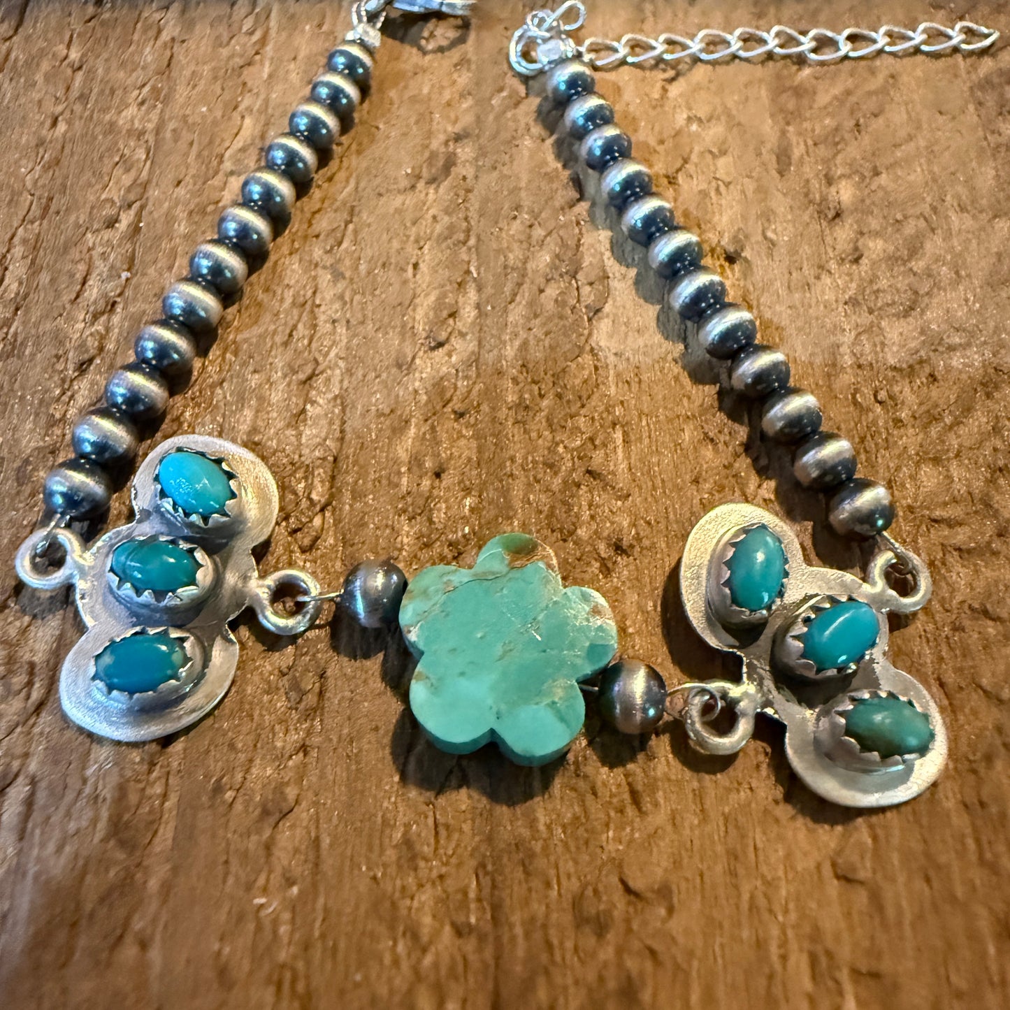 Kingman Turquoise Gemstone Bracelet With Sterling Silver Pearl Beads Size 6.5 Wild West Boho