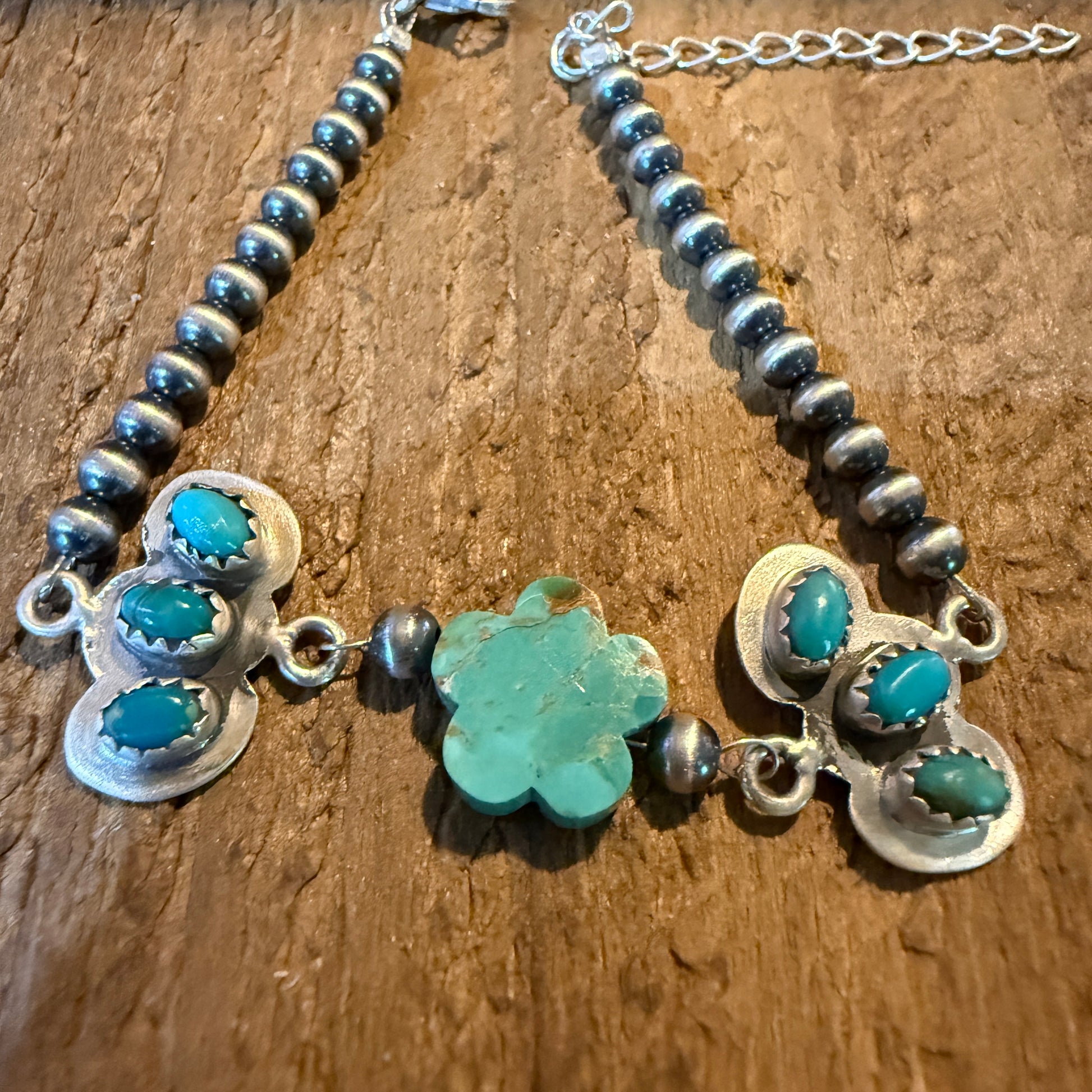 Kingman Turquoise Gemstone Bracelet With Sterling Silver Pearl Beads Size 6.5 Wild West Boho