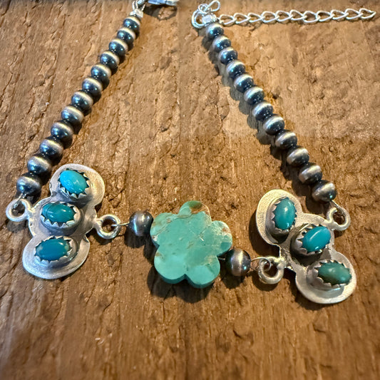 Kingman Turquoise Gemstone Bracelet With Sterling Silver Pearl Beads Size 6.5 Wild West Boho