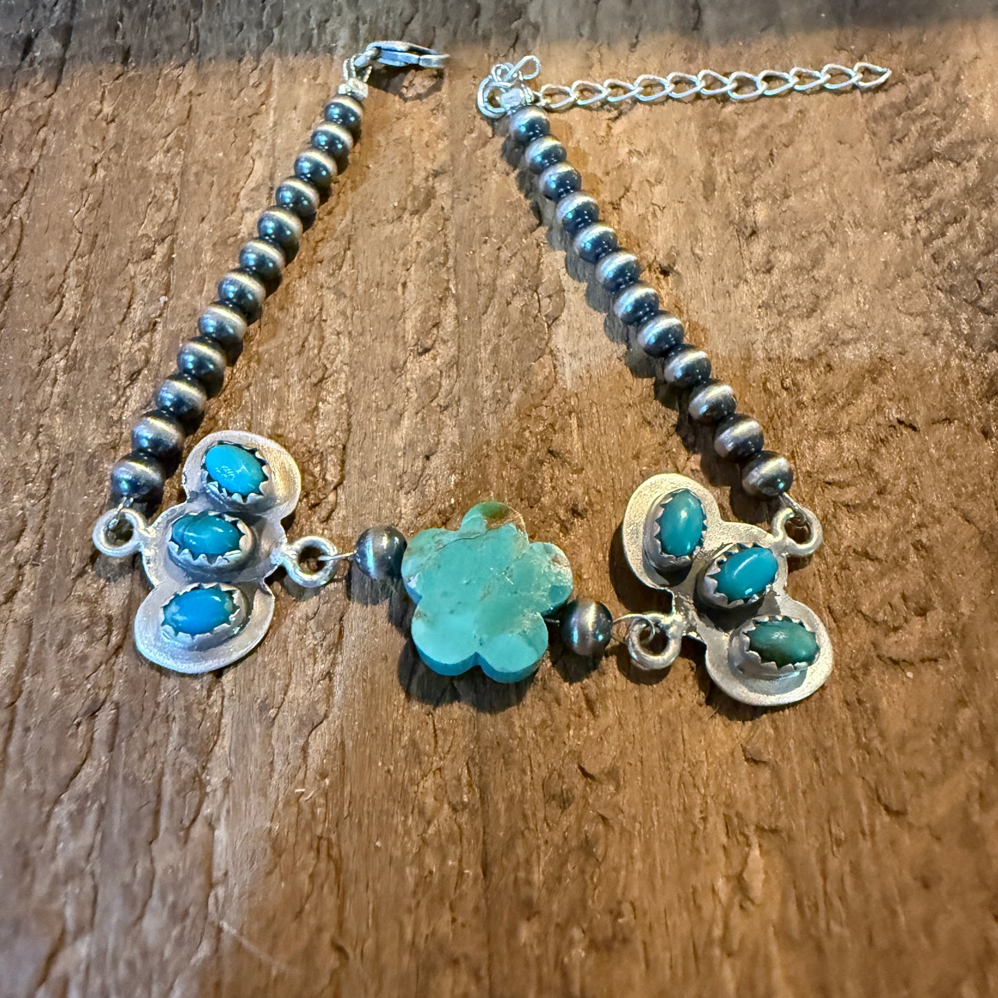 Kingman Turquoise Gemstone Bracelet With Sterling Silver Pearl Beads Size 6.5 Wild West Boho