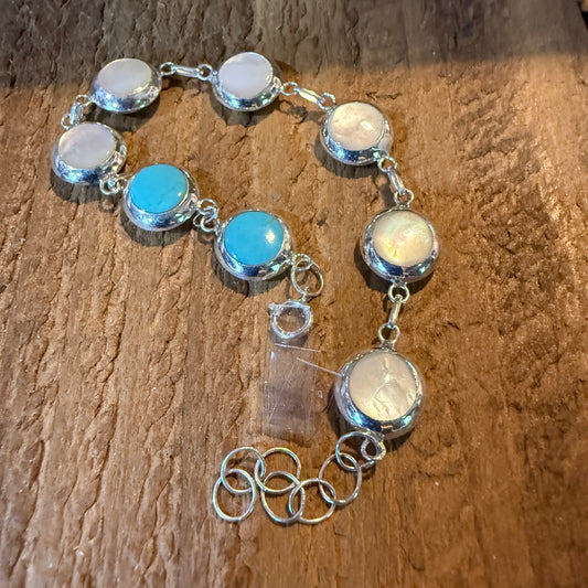 Kingman Turquoise And Mother Of Pearl Button Link Bracelet In Sterling Silver Wild West Boho