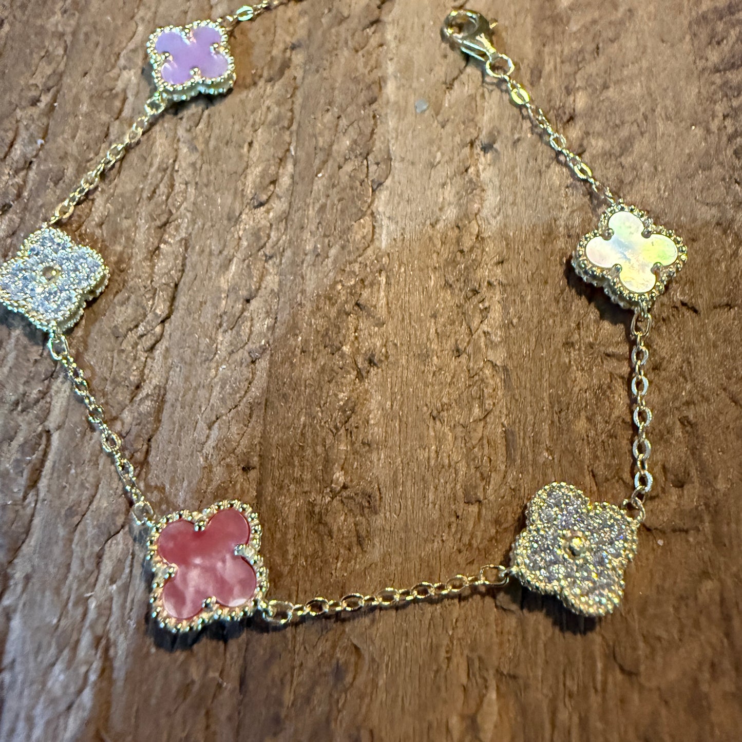 Sparkling CZ Pink Quartz Chain Link Bracelet Gold Plated 6.5 Inches Wild West Boho