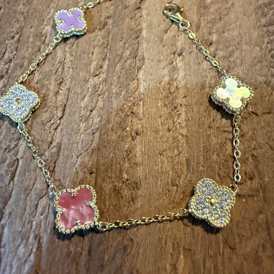 Sparkling CZ Pink Quartz Chain Link Bracelet Gold Plated 6.5 Inches Wild West Boho