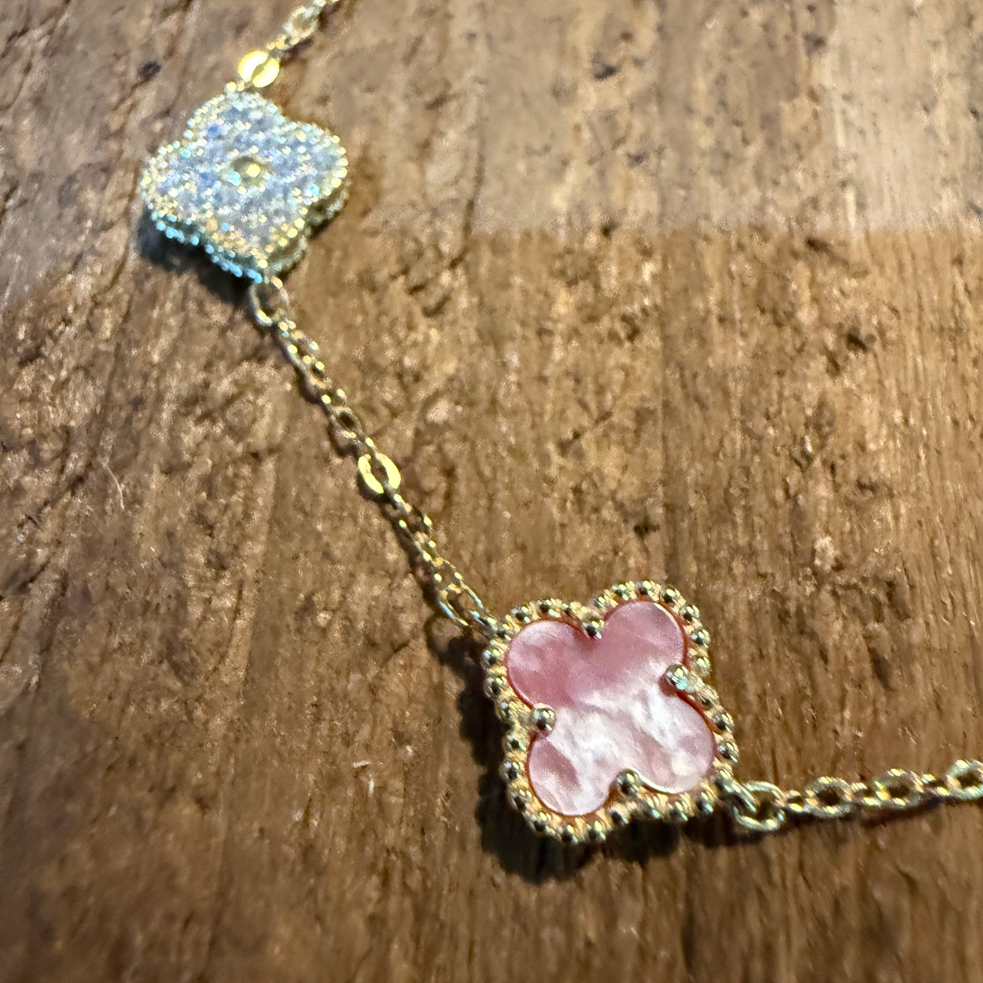 Sparkling CZ Pink Quartz Chain Link Bracelet Gold Plated 6.5 Inches Wild West Boho